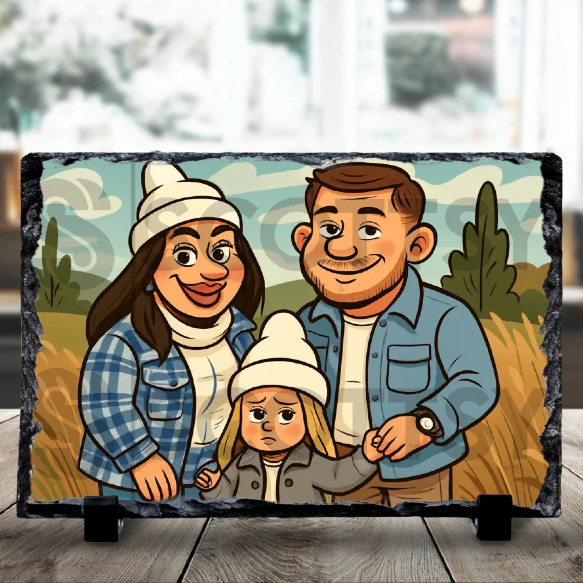 Custom photo slate gift with cartoon portrait design on a dark stone finish