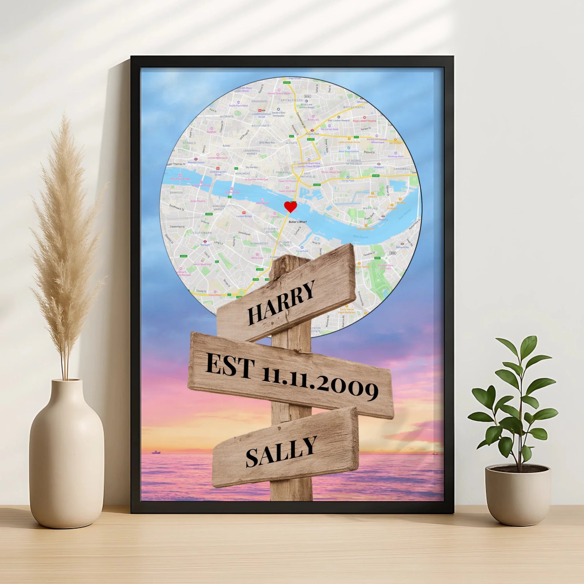 Close-up of personalised wooden signpost map print with custom text and location details