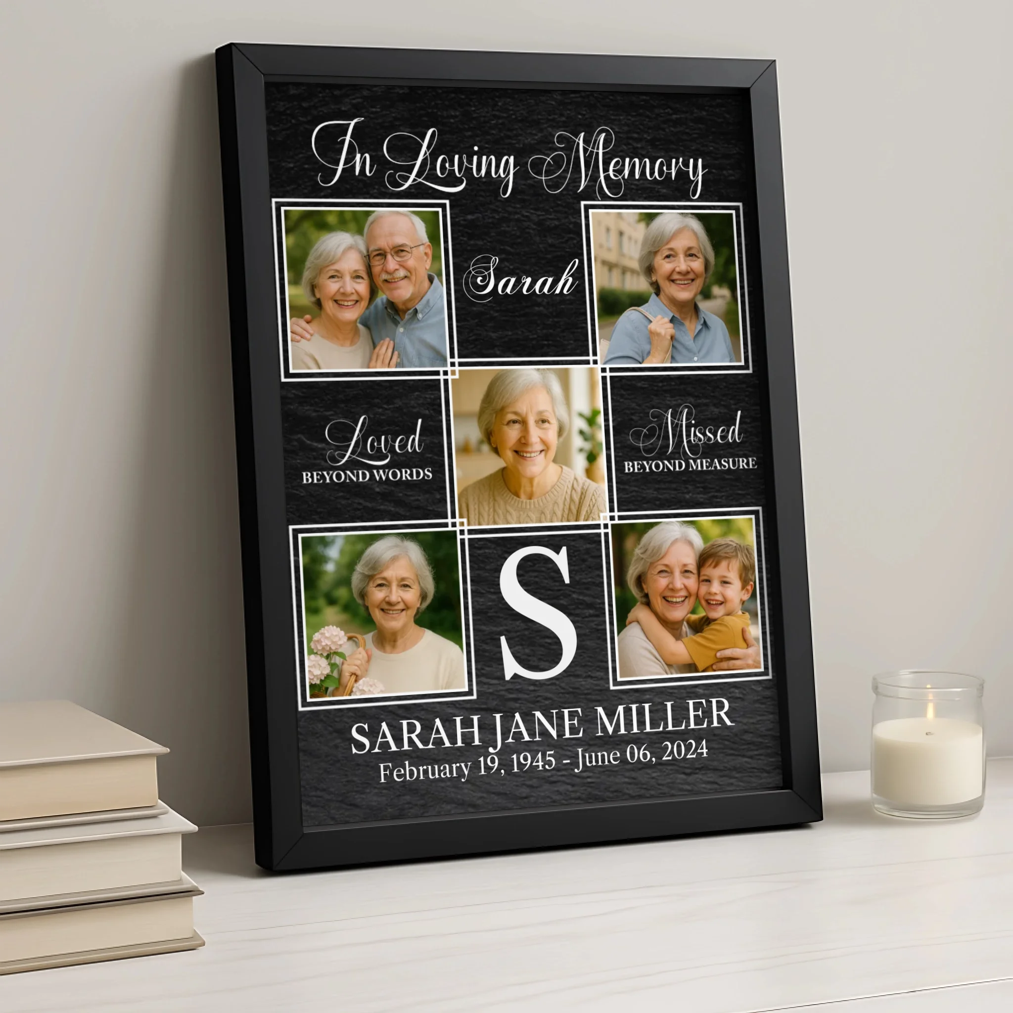 Custom funeral tribute print showing multiple photos in a collage layout