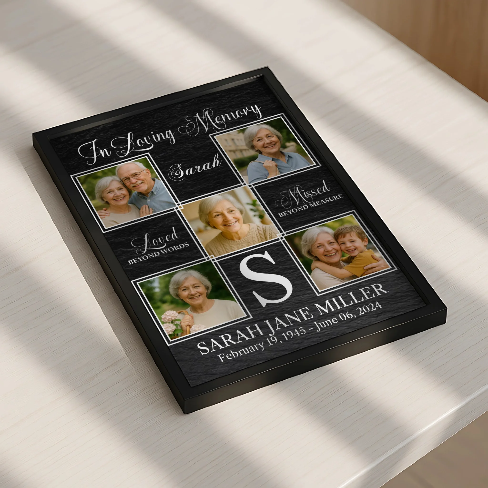 Memorial photo frame gift displaying a collage of photos with personalised dates