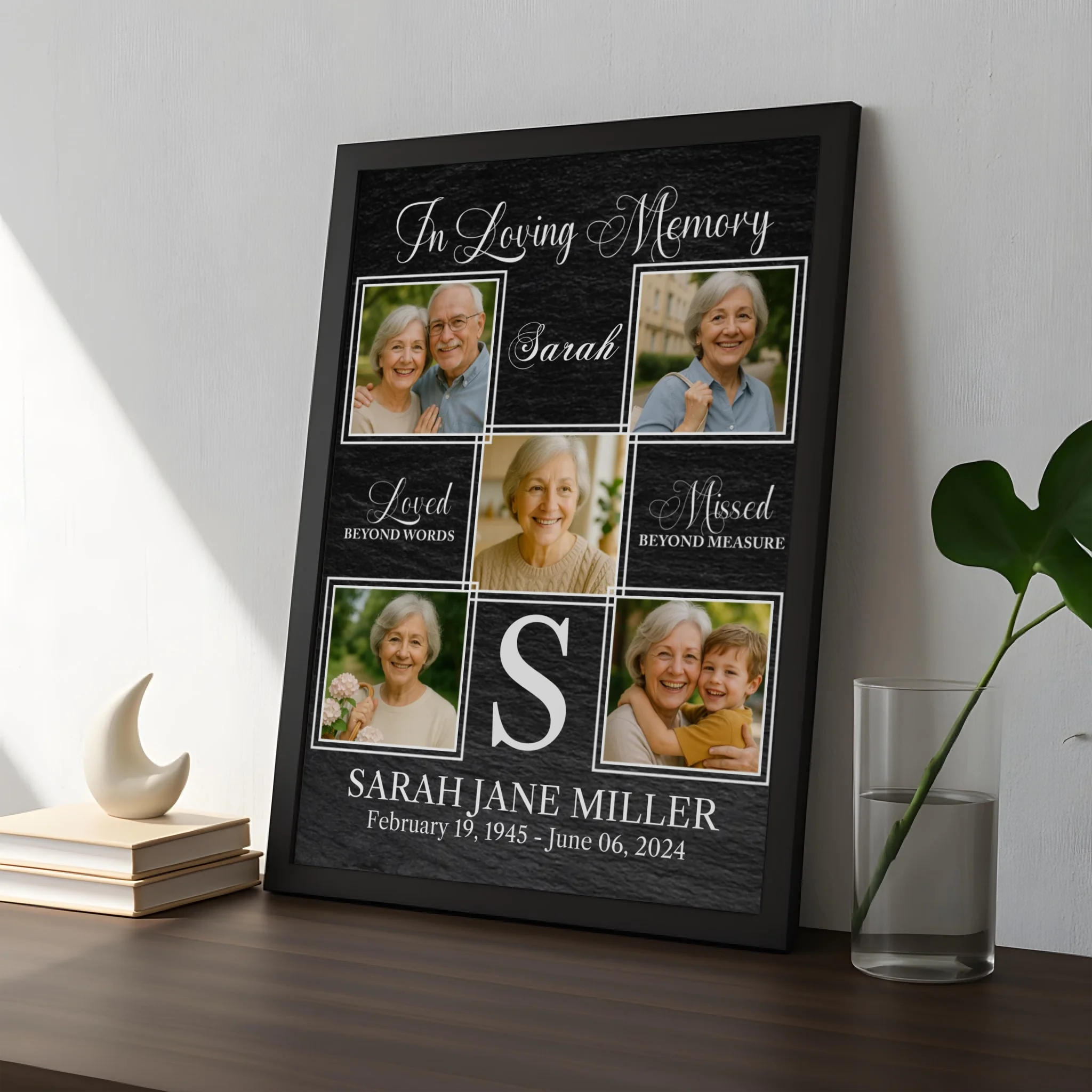 Custom memorial photo collage frame printed with personal name and years