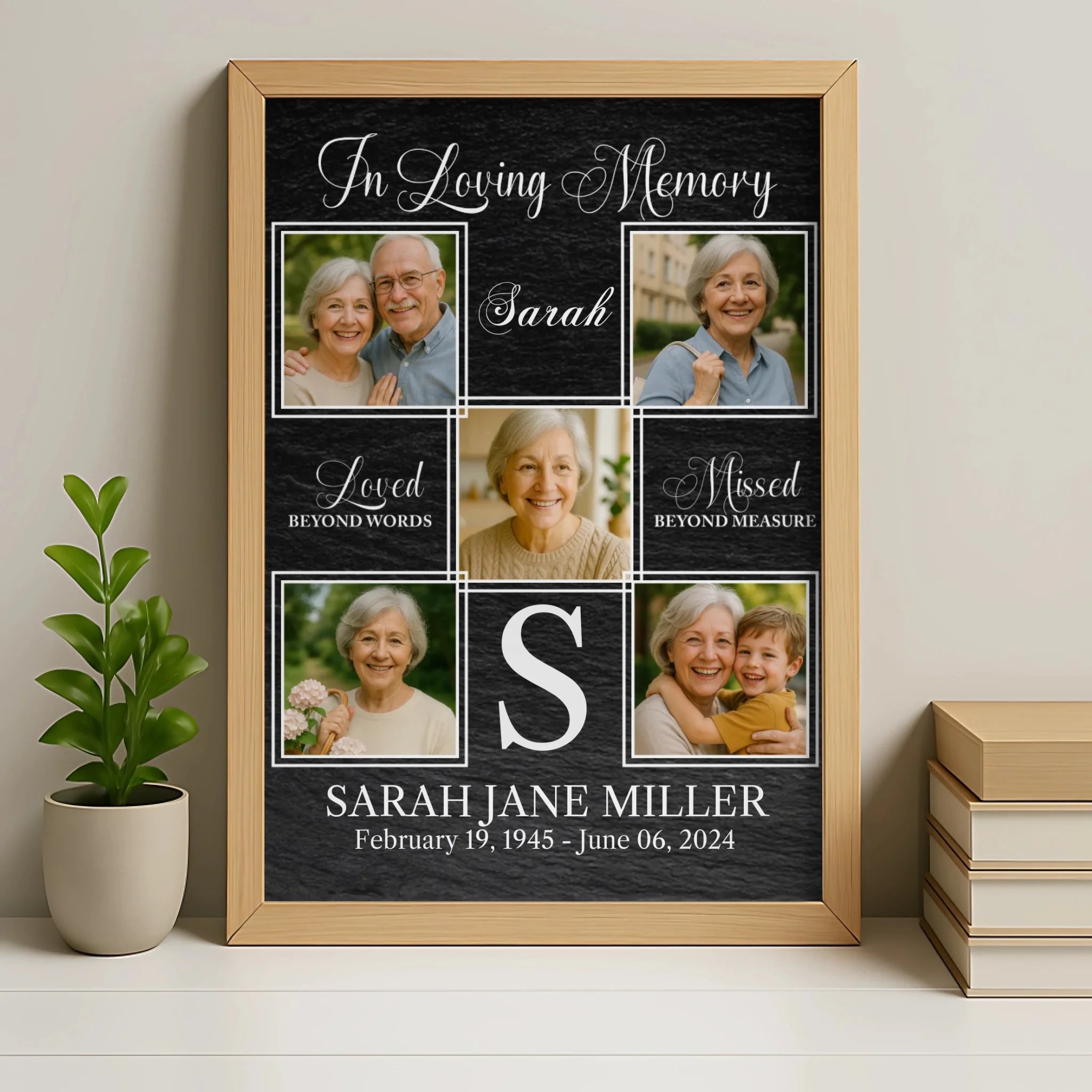 Personalised memorial photo collage frame in oak finish