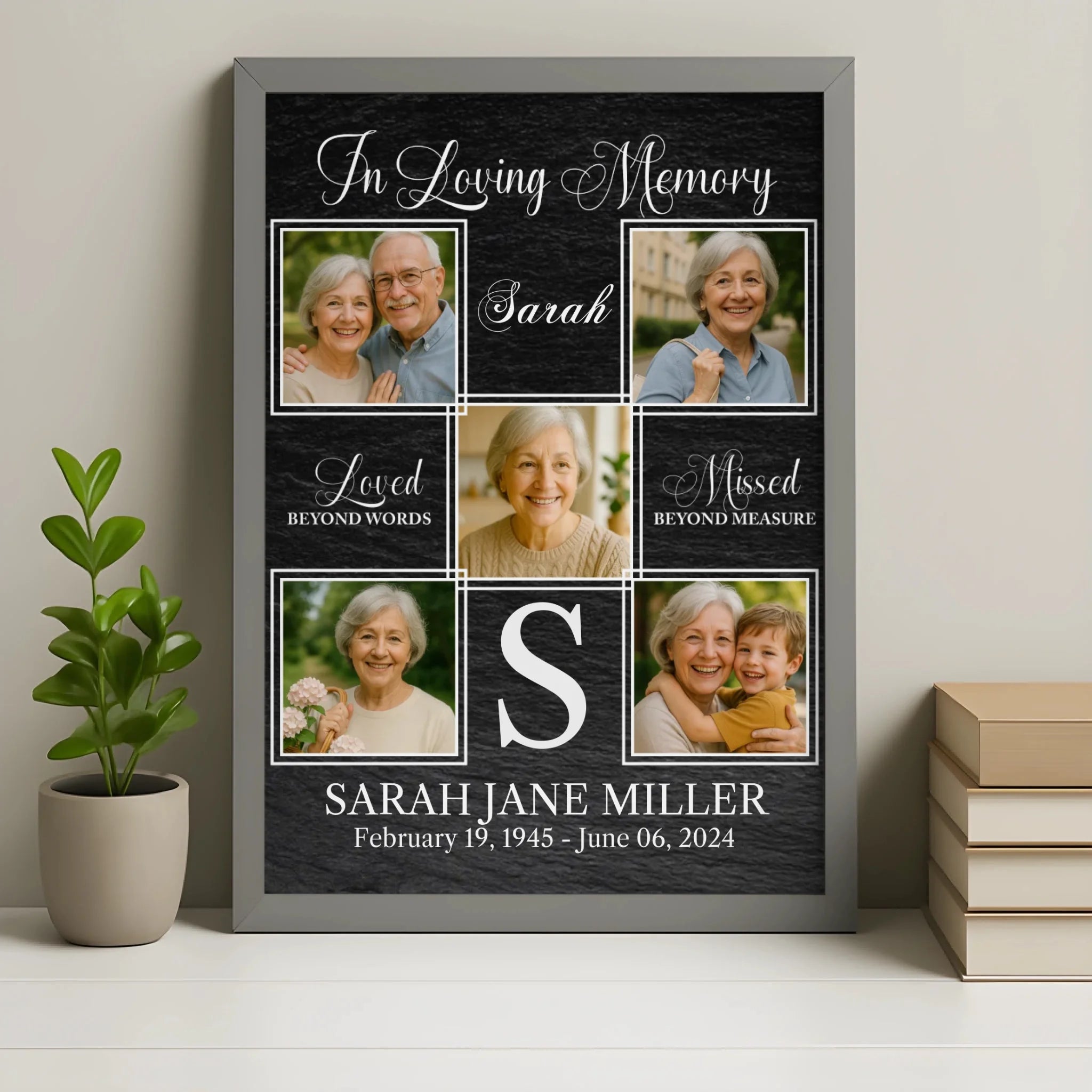 Personalised memorial photo collage frame in grey finish
