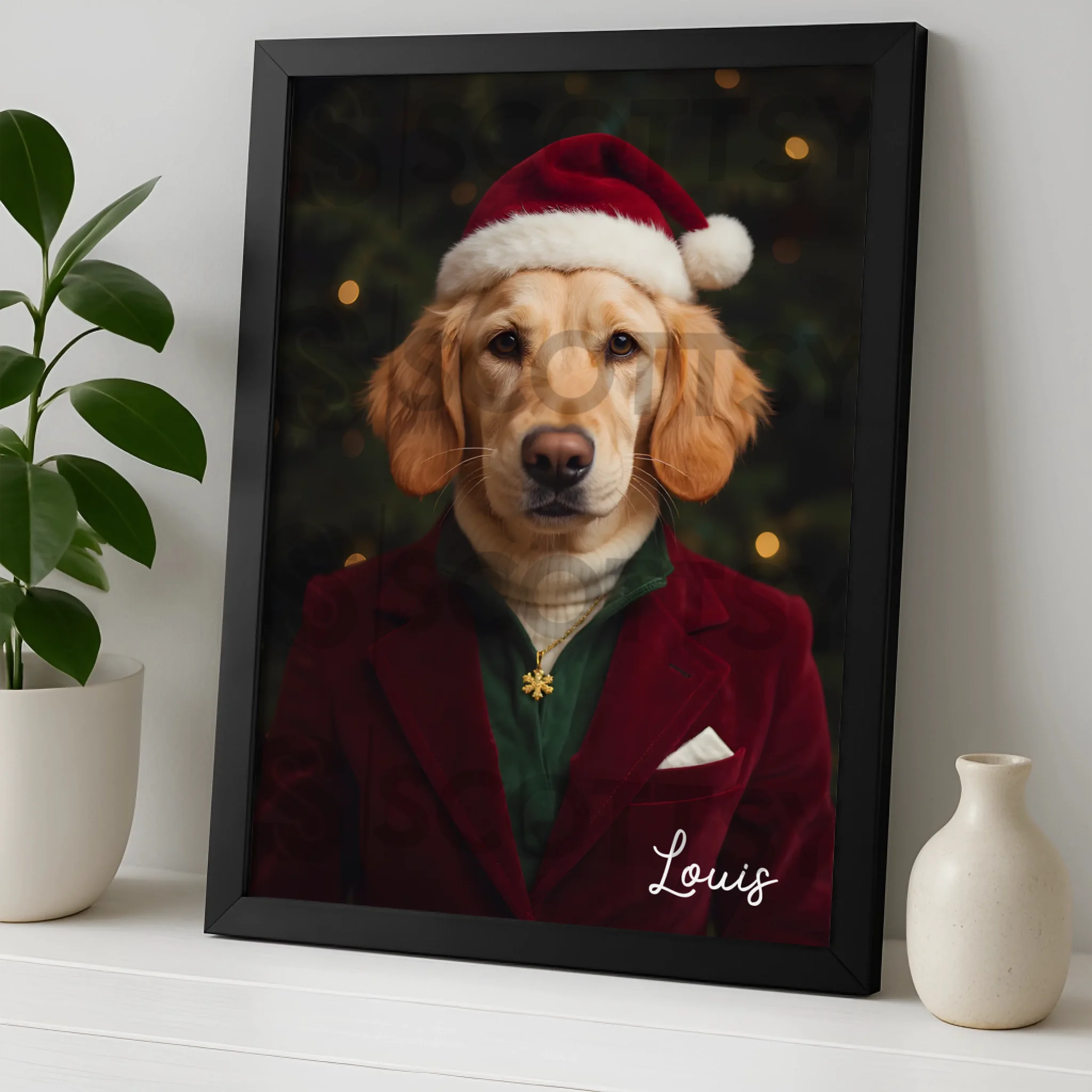 Custom dog portrait photo frame showing a Christmas art style option