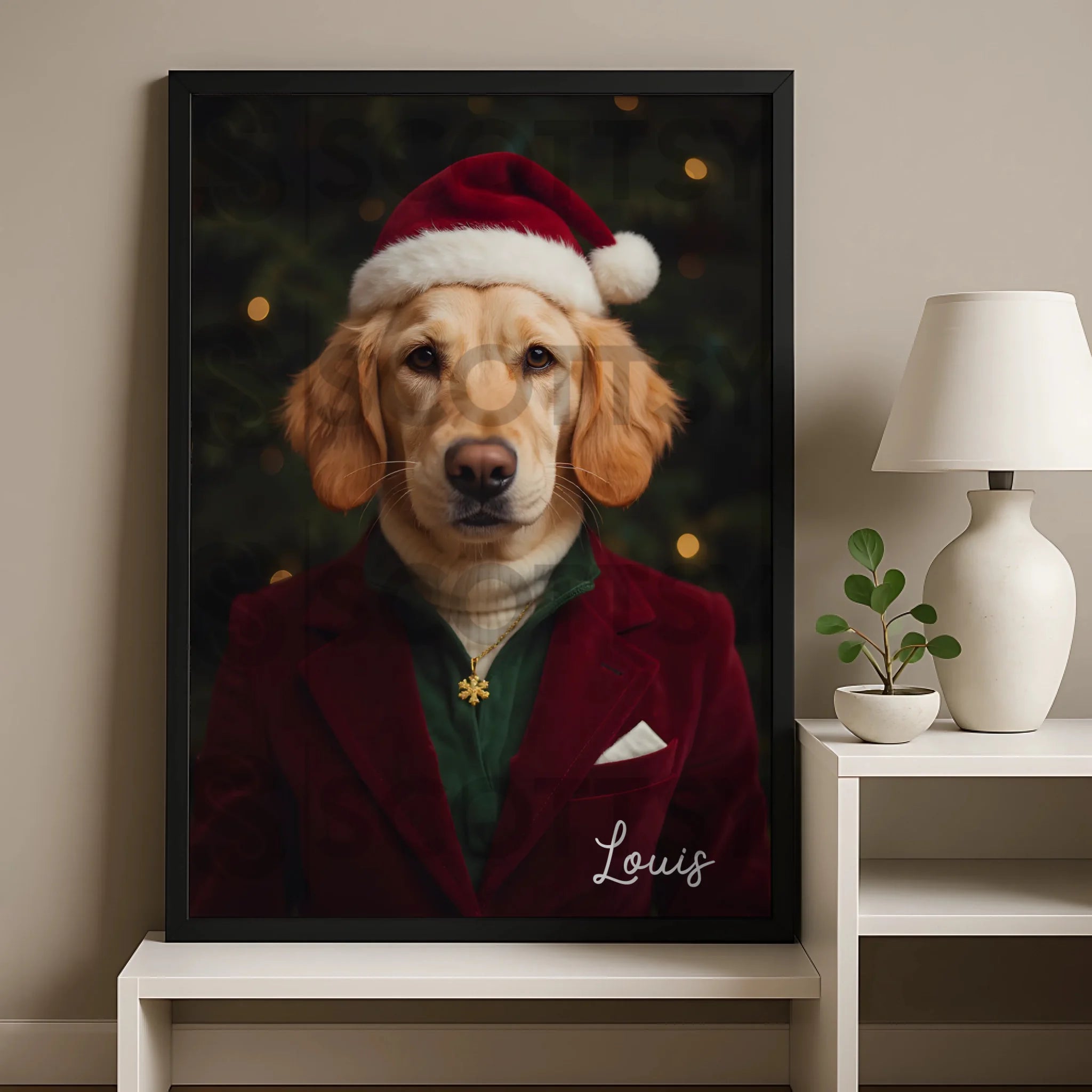 Personalised dog photo frame with fun custom Christmas portrait design