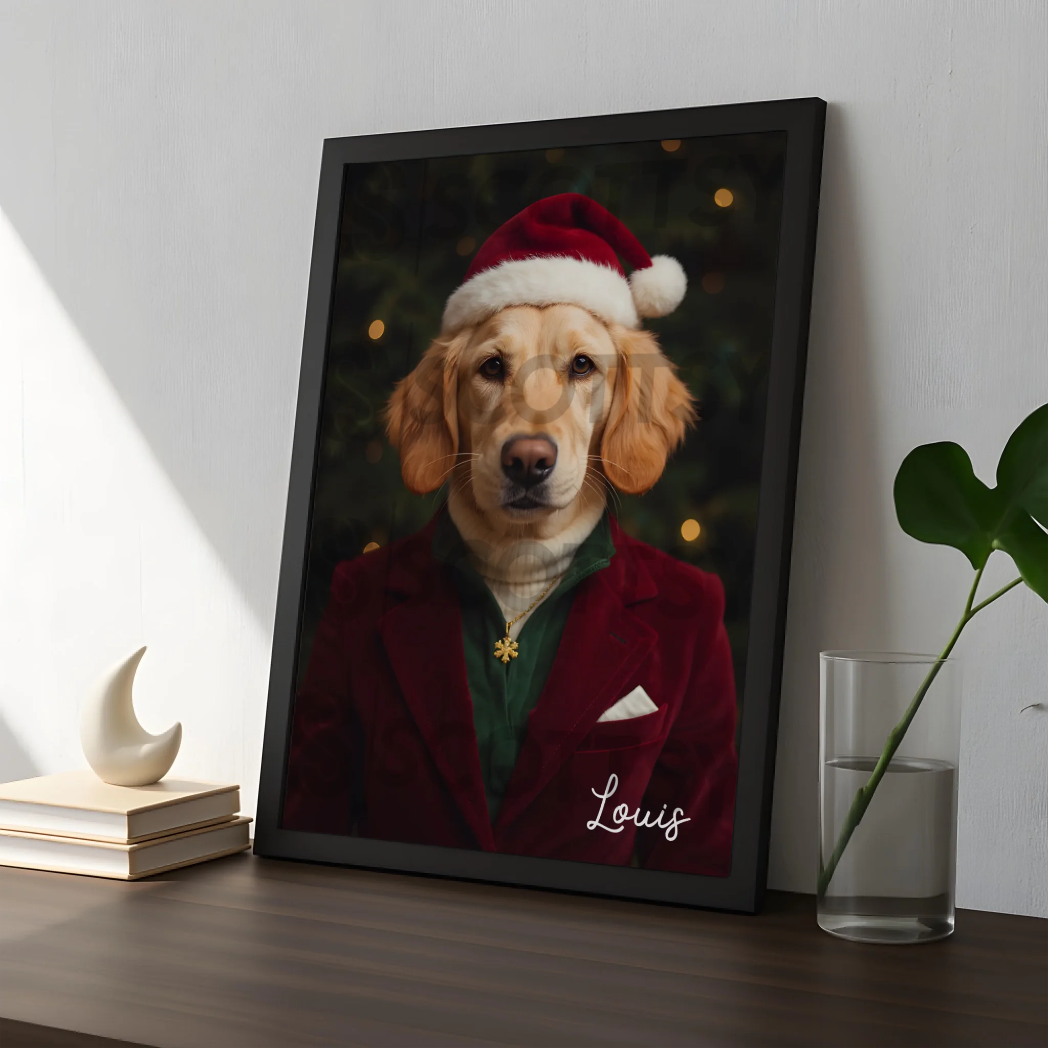 Framed personalised pet portrait print with custom Christmas artwork