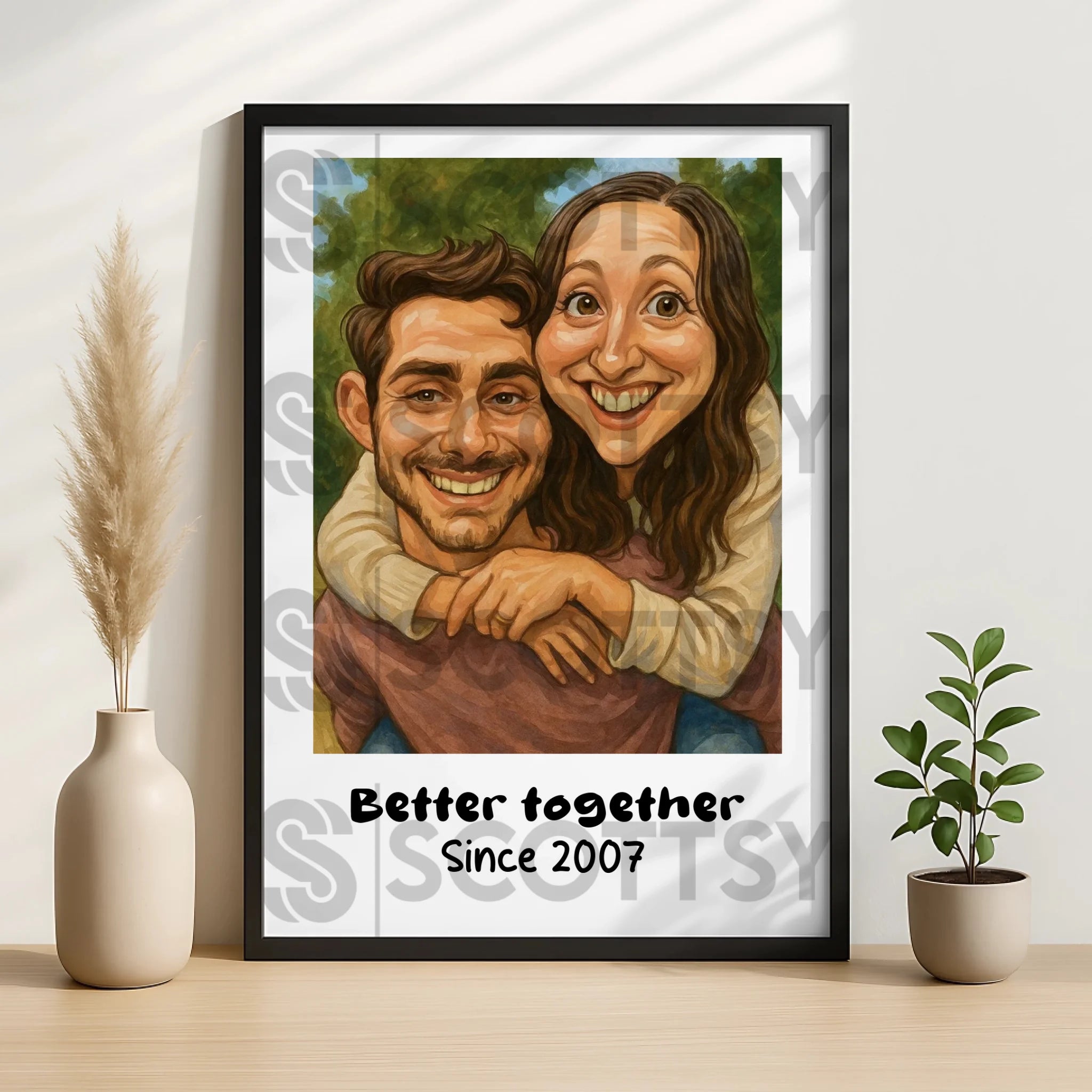 Close-up of a custom caricature couple illustration in a personalised frame