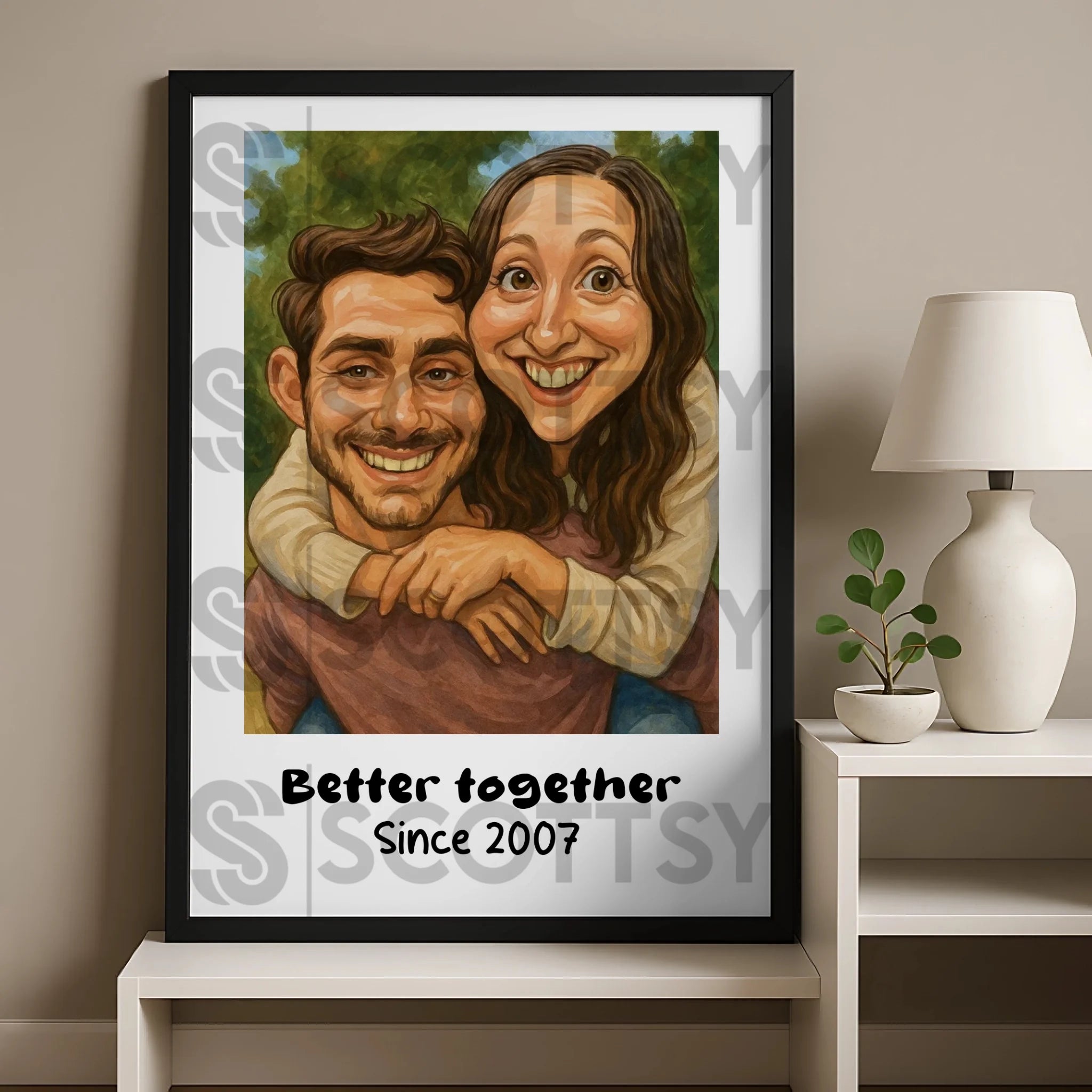Funny custom couple illustration framed as a personalised gift