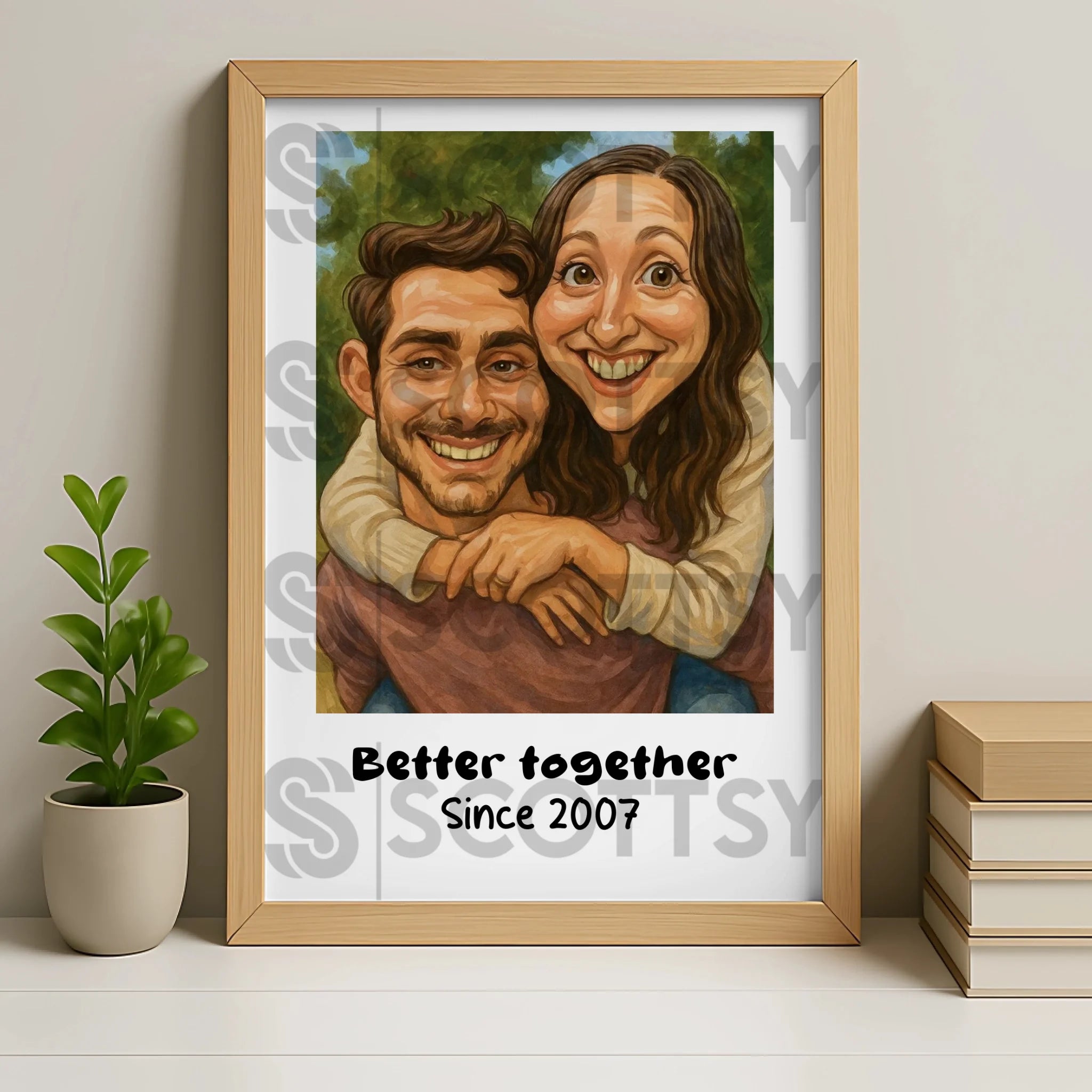 Personalised caricature couple portrait in an oak photo frame