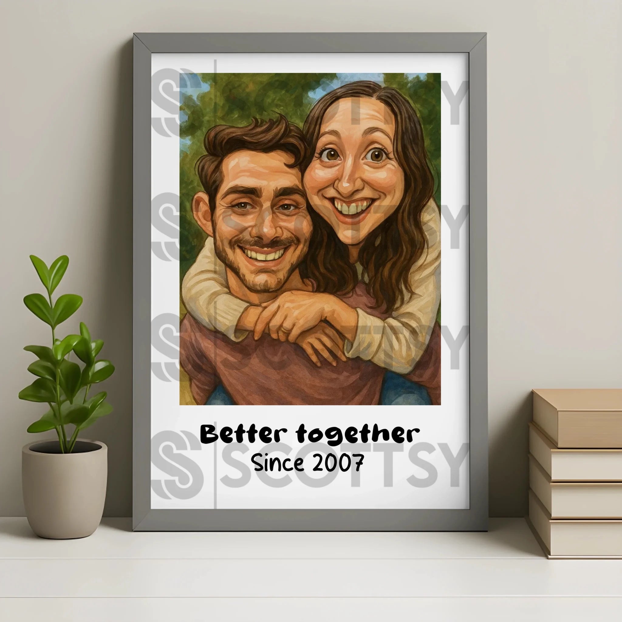 Funny custom couple illustration in a grey personalised photo frame