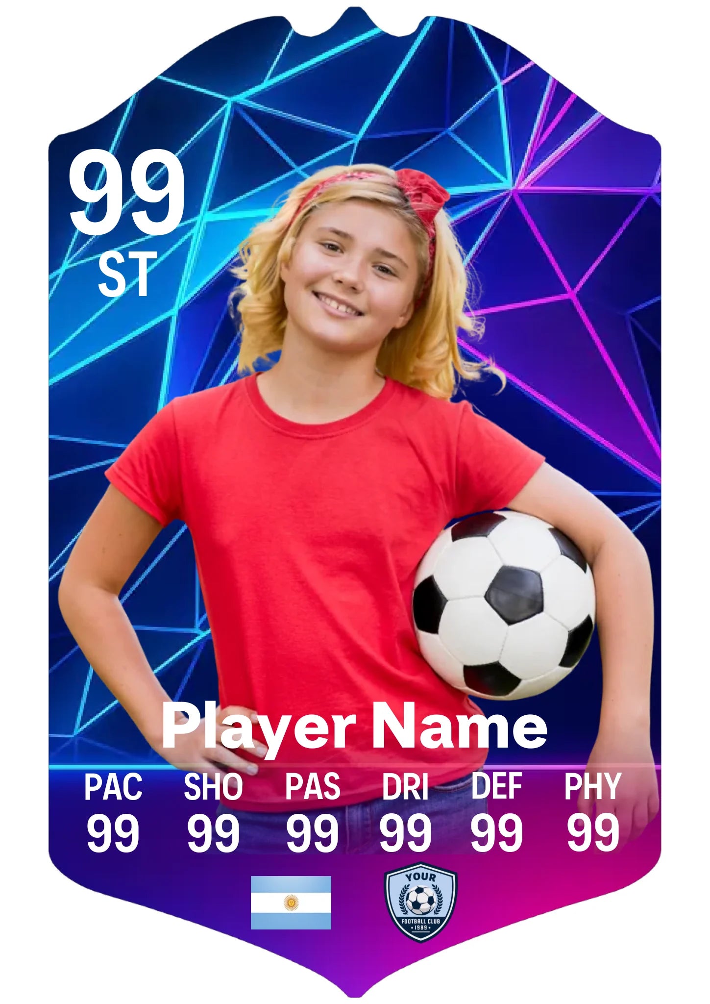 A4 personalised football card with neon geometric design on aluminium