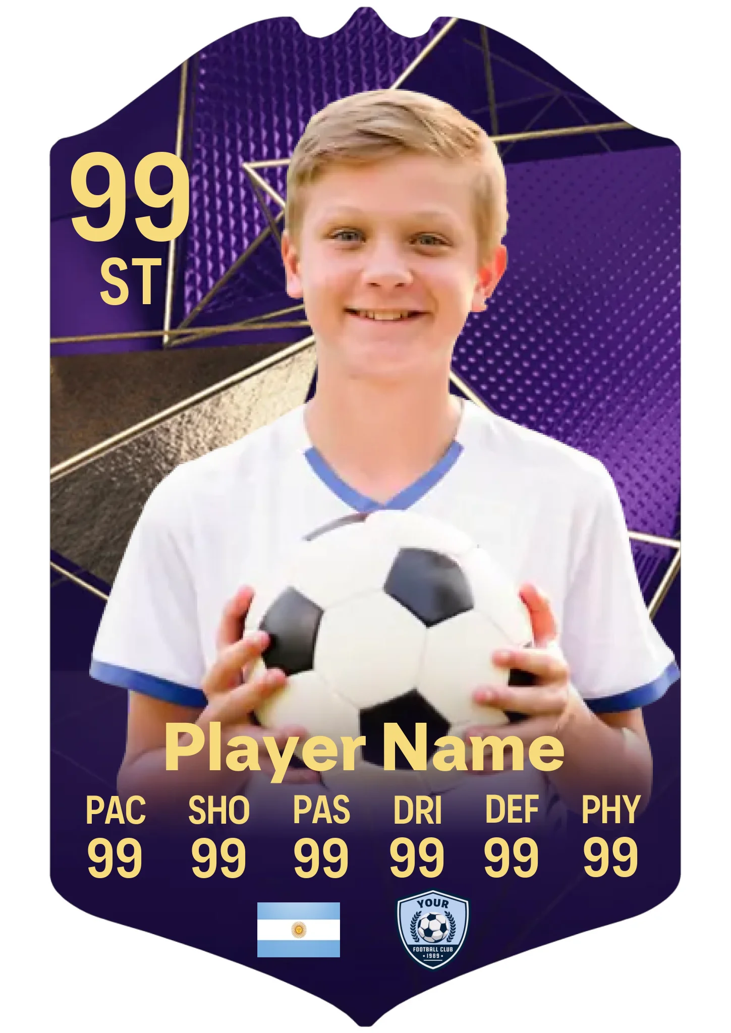 Medium A4 personalised football card showing custom name, club and stats on aluminium