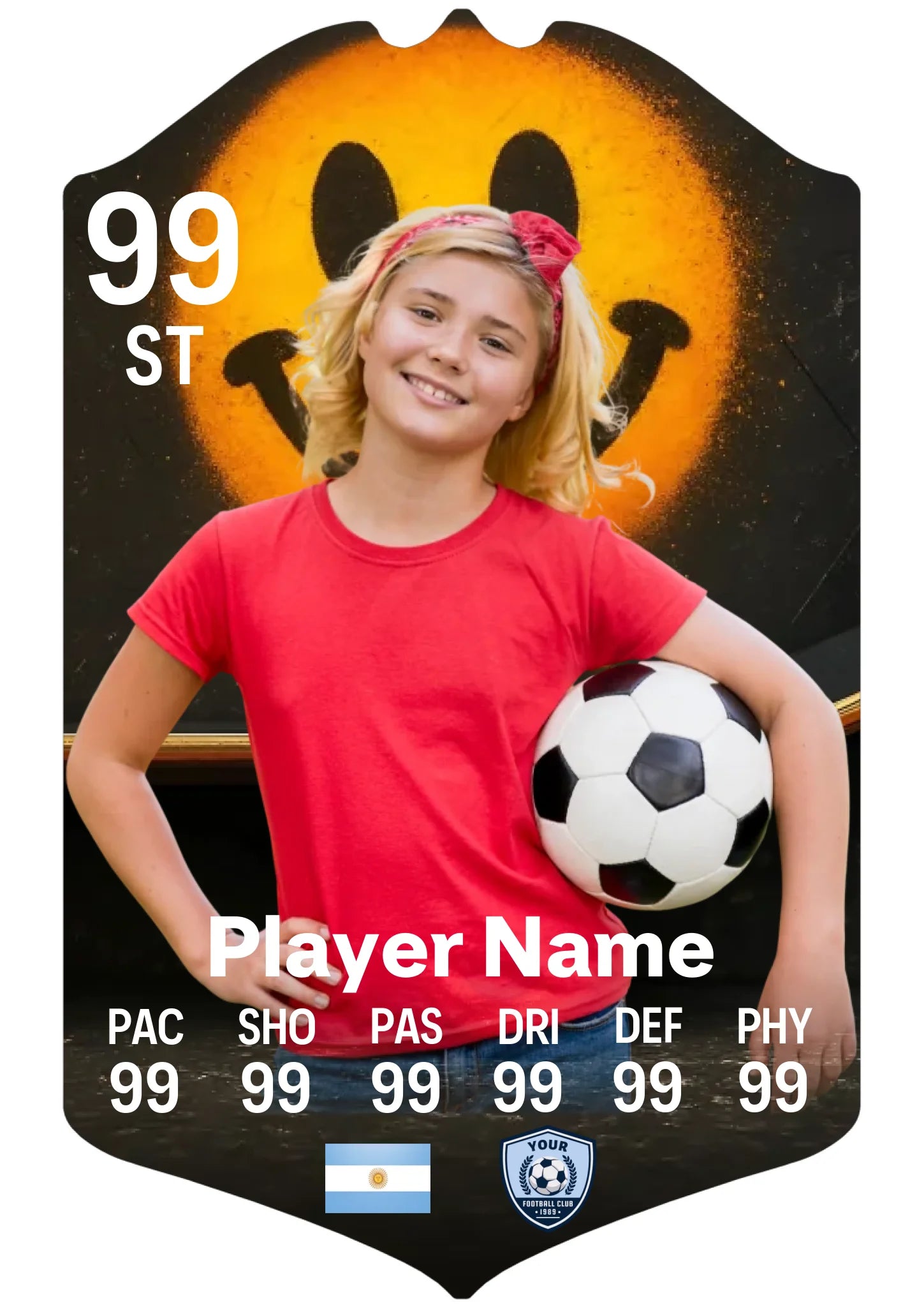 A4 personalised football card on glossy aluminium with custom photo and stats