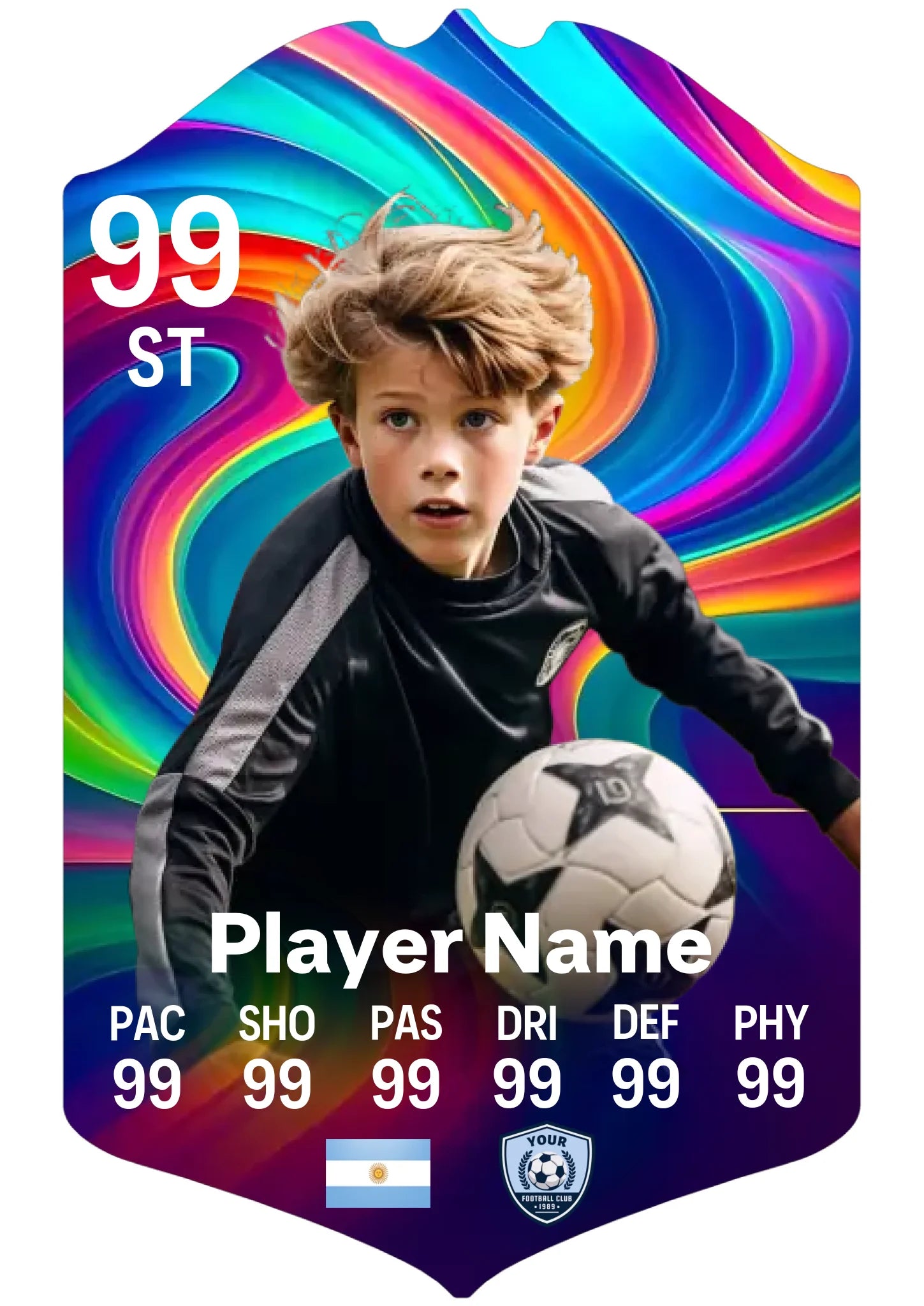 A4 personalised football card with rainbow smoke effect on premium aluminium