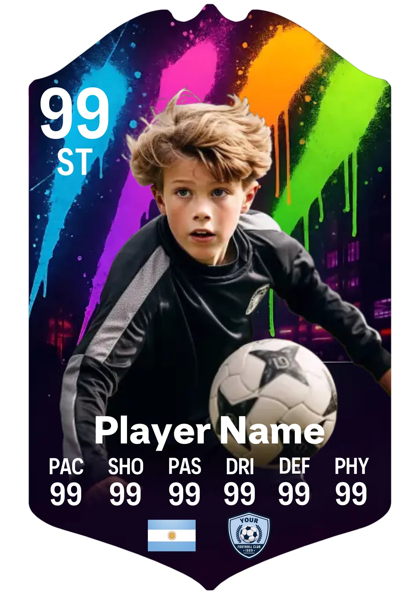 Medium A4 personalised football card with paint spray effect on aluminium