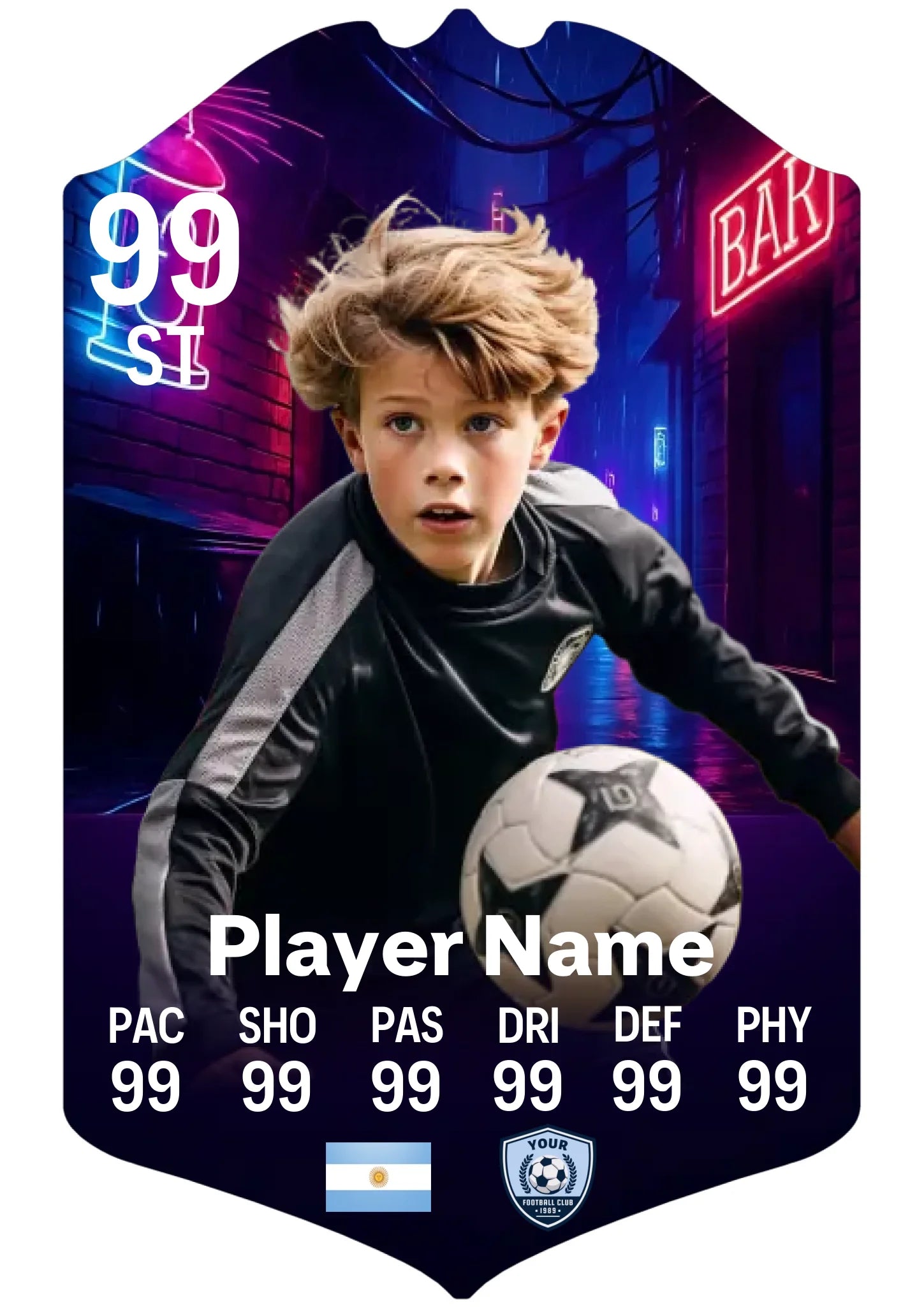 A4 personalised football card neon night scene on aluminium with stand