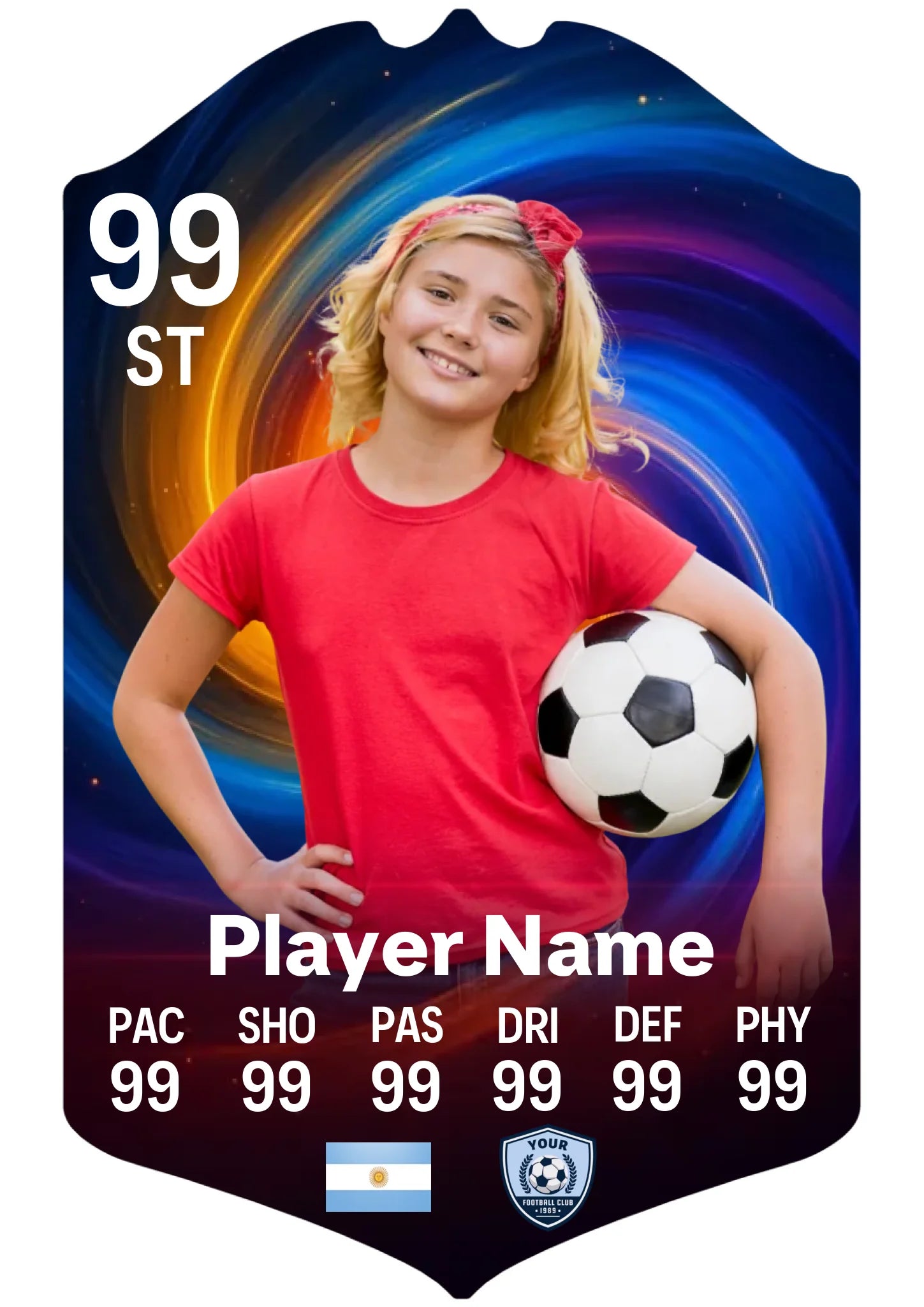 Medium A4 personalised football card on aluminium with custom name and stats