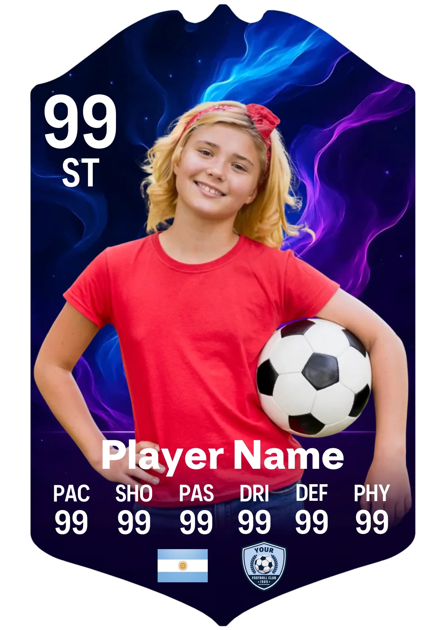 A4 medium personalised football card with blue and purple smoke design on glossy aluminium