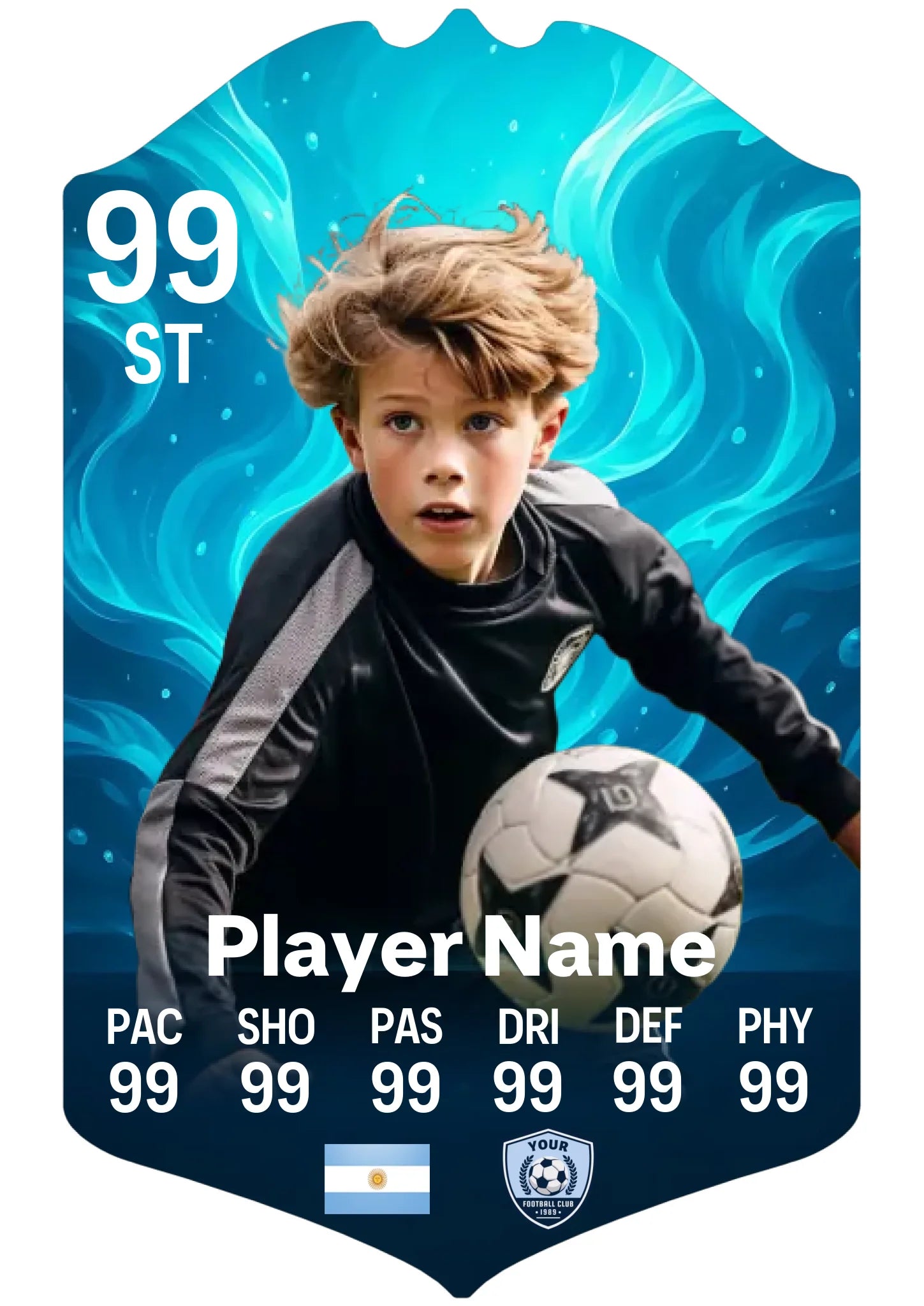 Medium A4 personalised football card with custom name, club and stats on glossy aluminium