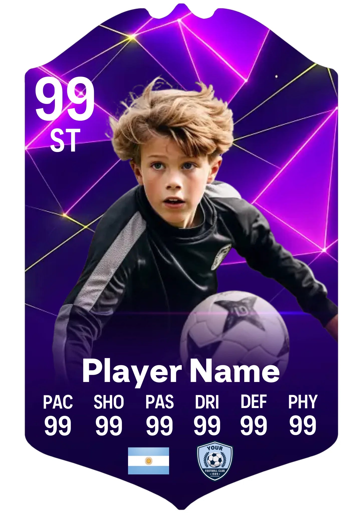 Medium A4 personalised football card on glossy aluminium showing custom stats, club and nation fields