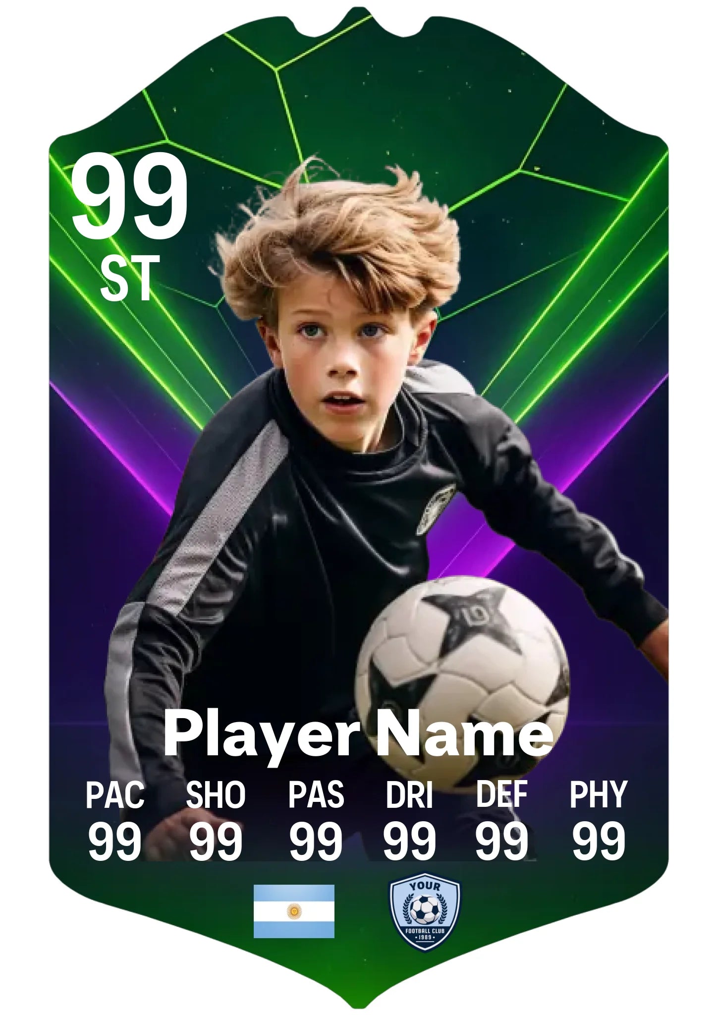 Medium A4 personalised football card showing custom player design with stats