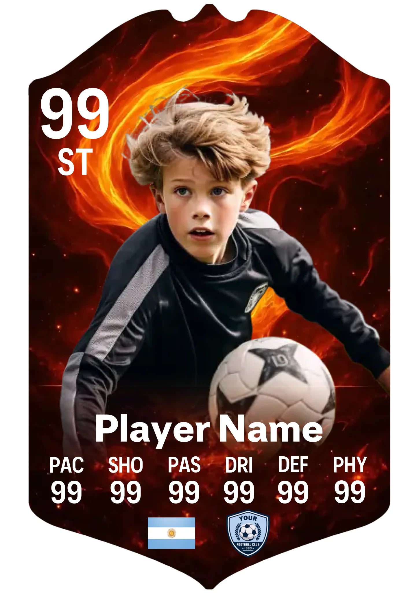 Medium A4 personalised football card Double Flames design with custom name, club and stats