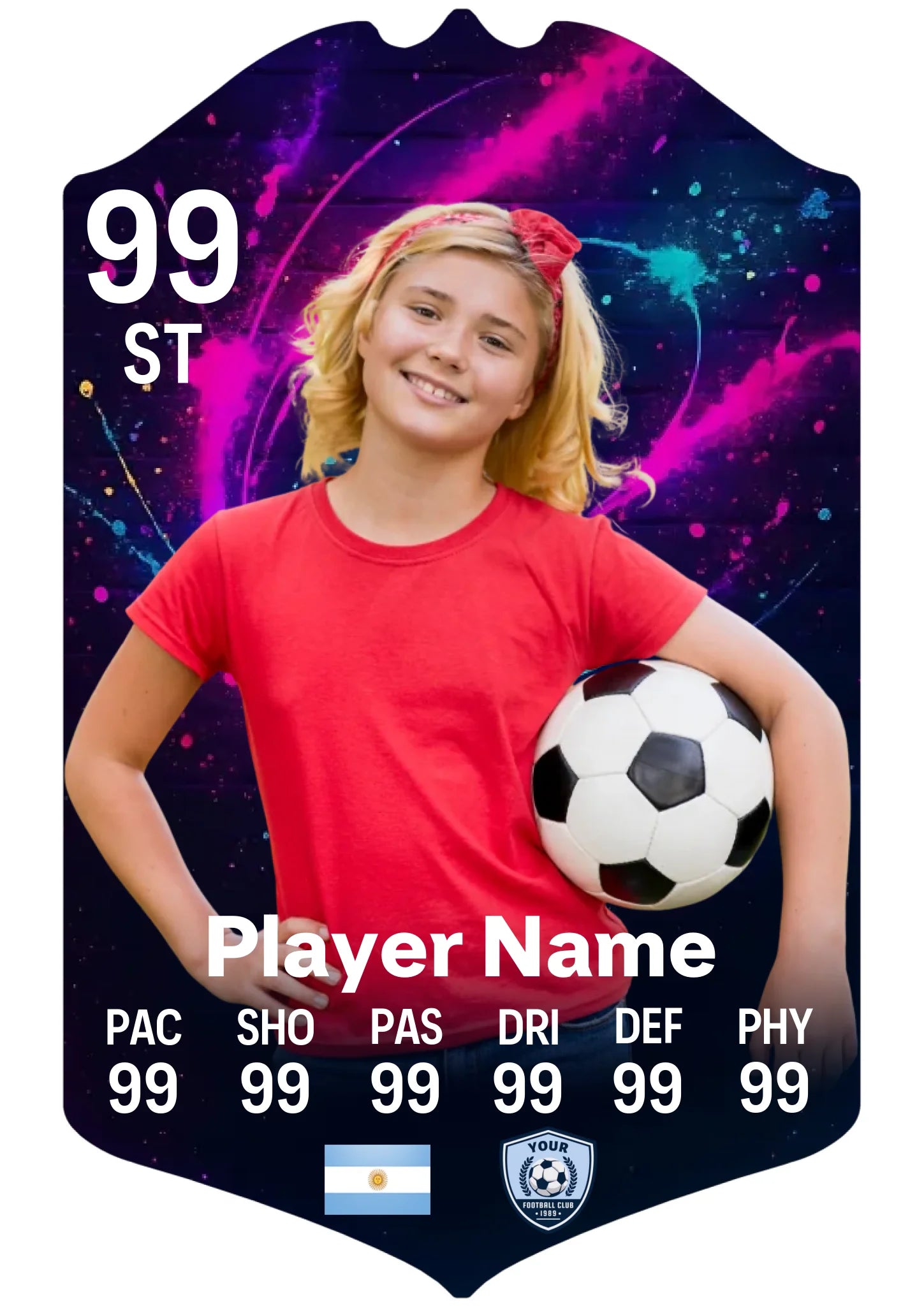 Medium A4 personalised football card with spray paint design on aluminium