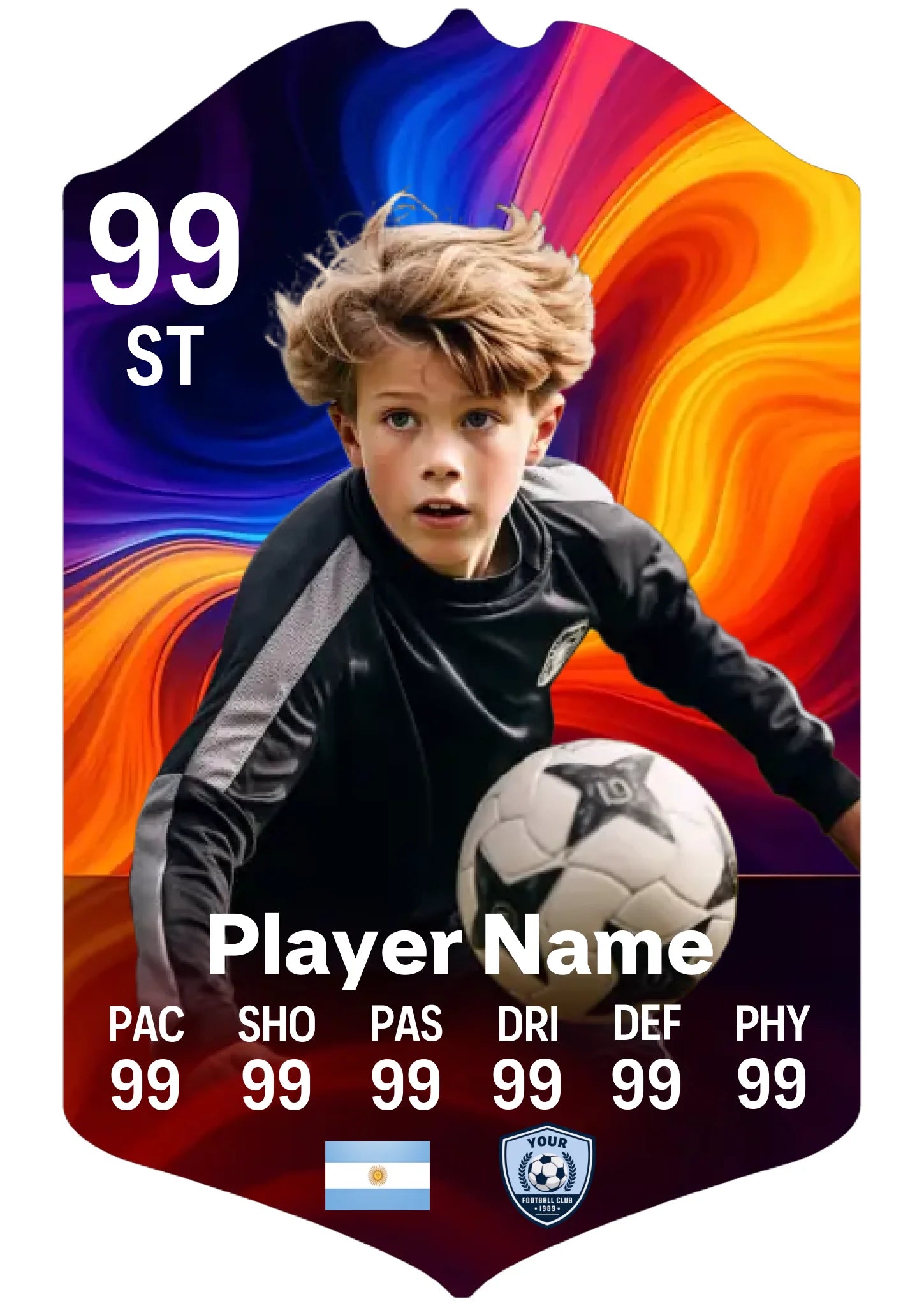 Medium A4 personalised football card showing custom name, club and player rating