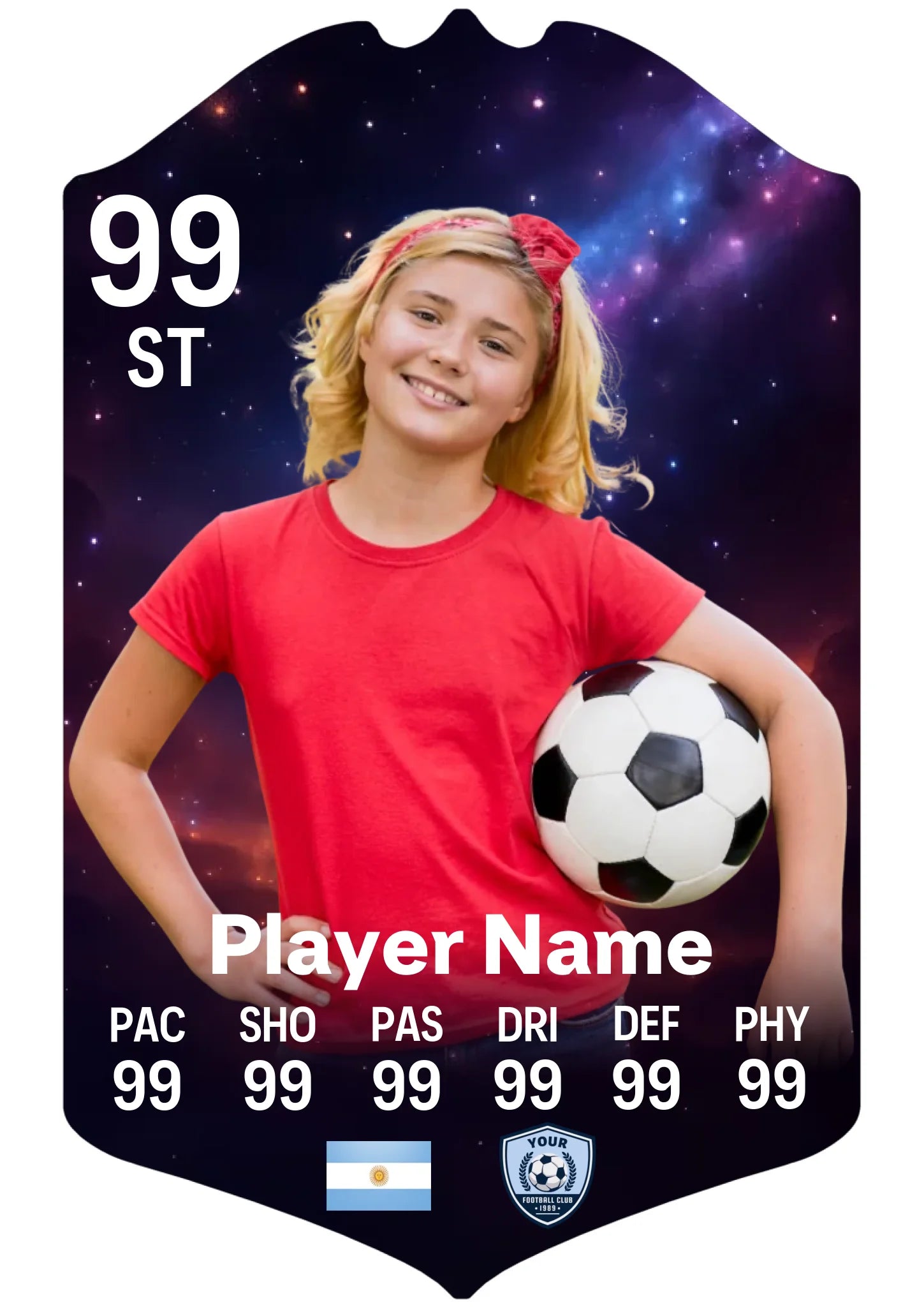 A4 personalised football card outer space design with custom player name and stats