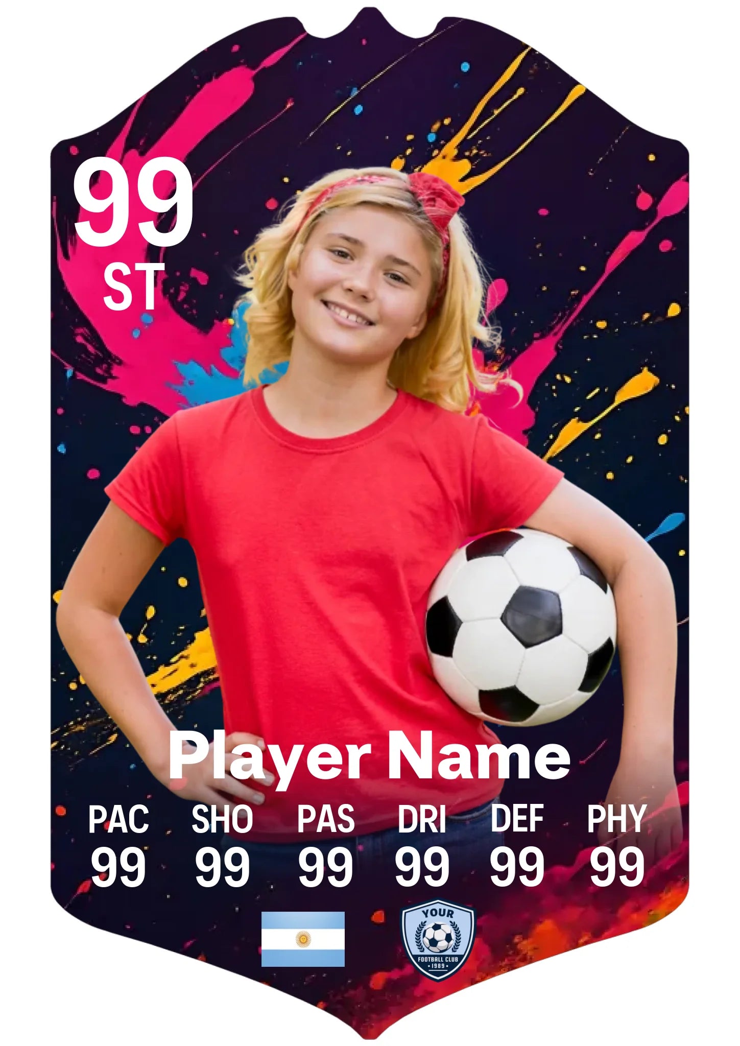 Medium A4 personalised football card with paint splatter design on glossy aluminium