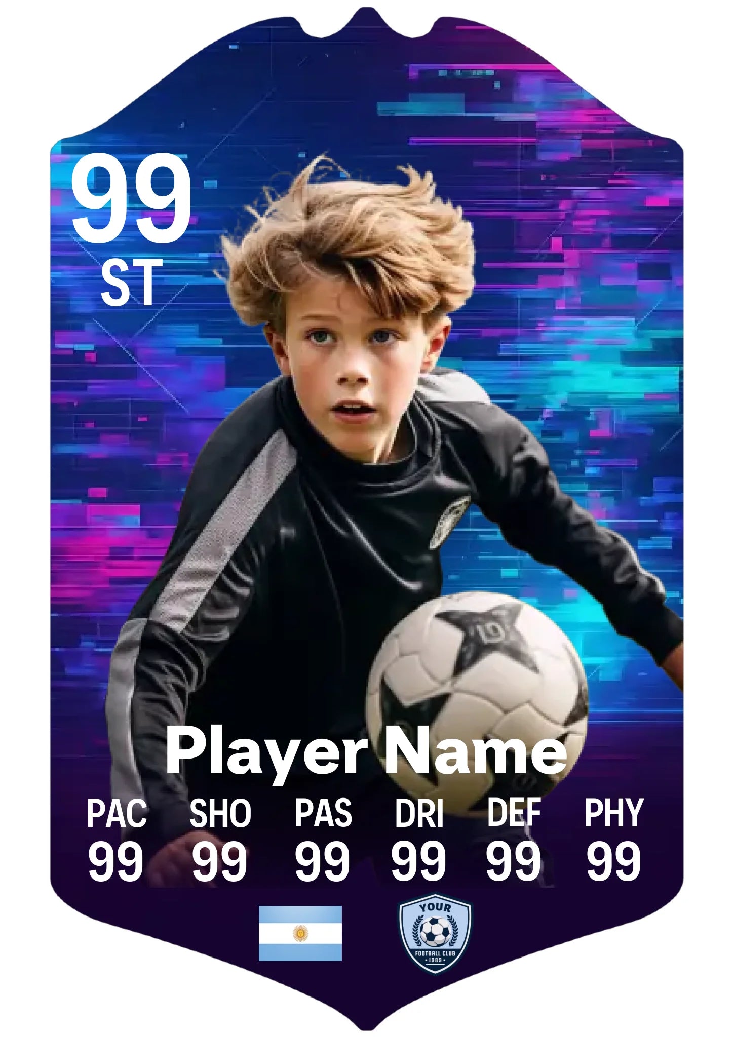 A4 personalised football card with glitch design on glossy aluminium