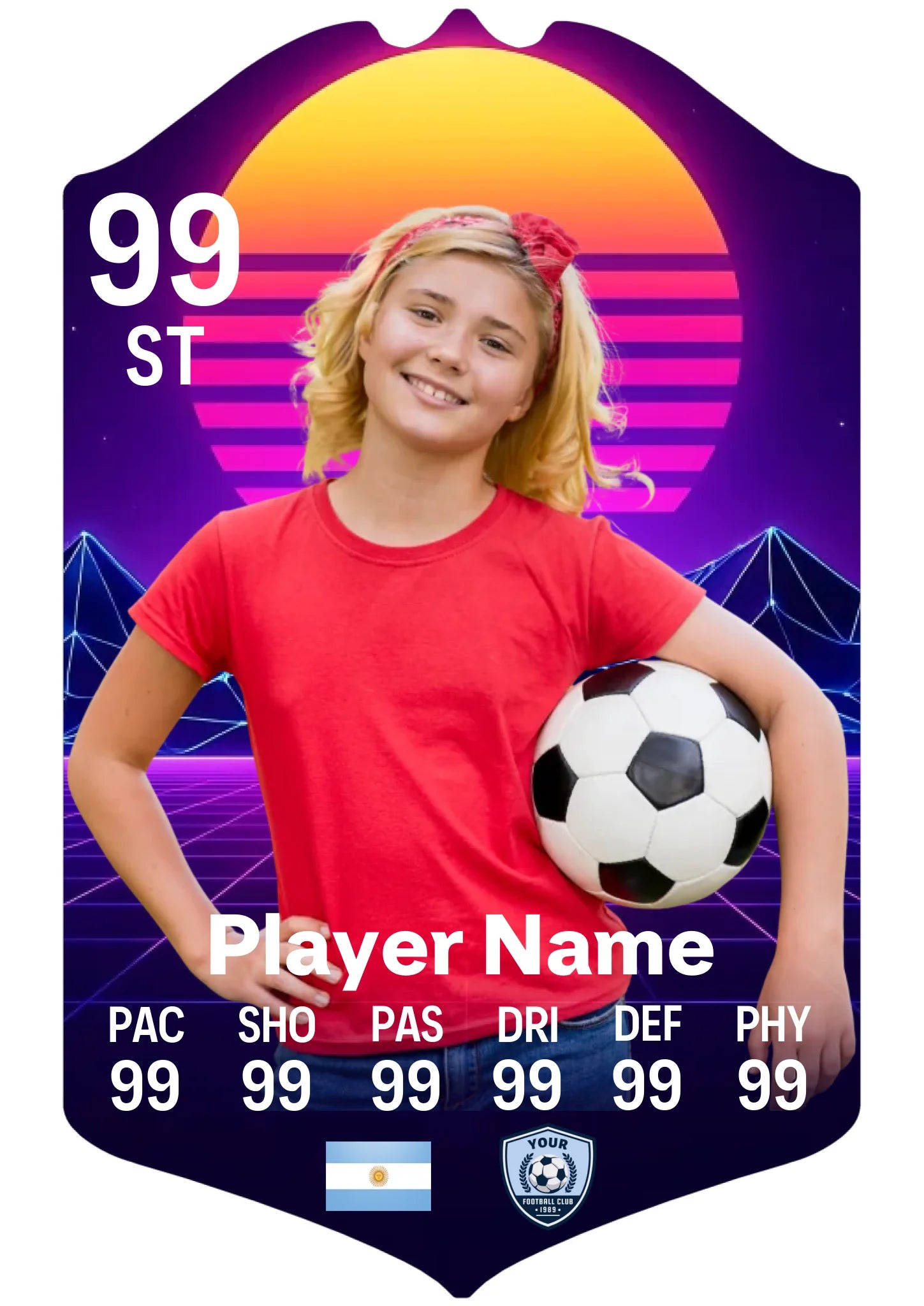 A4 personalised football card retro synthwave design with custom name, club and player stats on aluminium