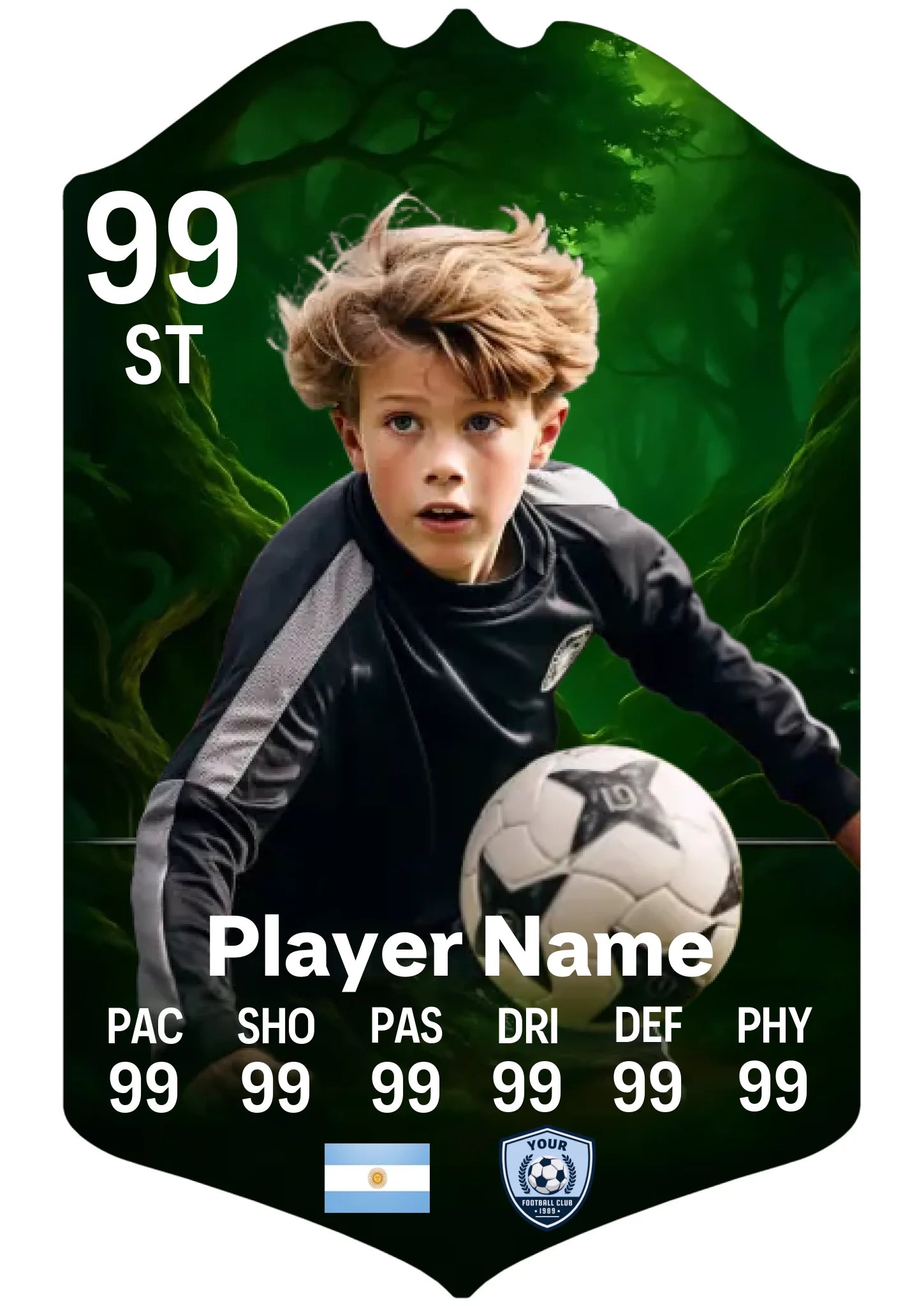 A5 personalised football card with spooky forest design on premium glossy aluminium