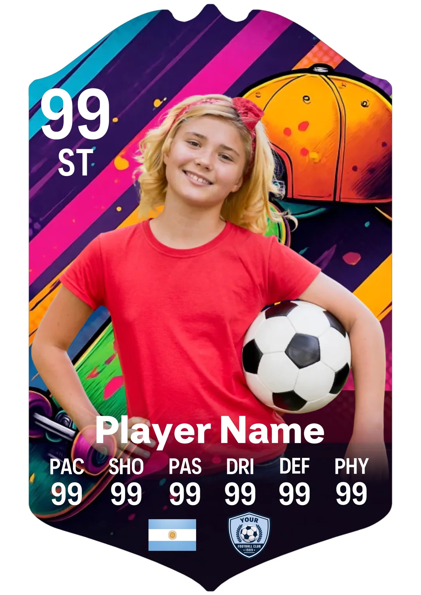A4 custom football card gift with retro skater design on glossy aluminium