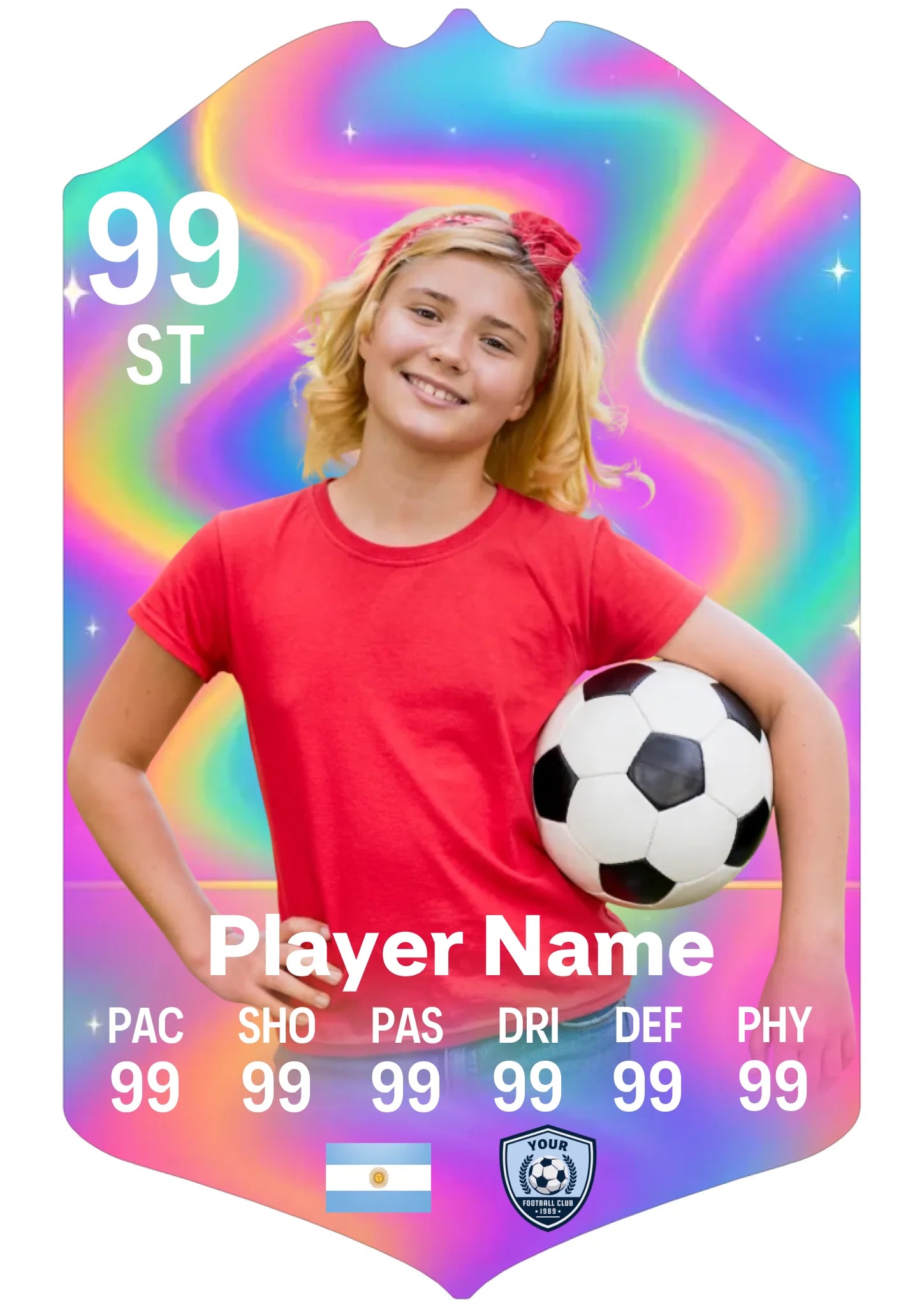 Medium A4 personalised football card showing trippy design with custom details