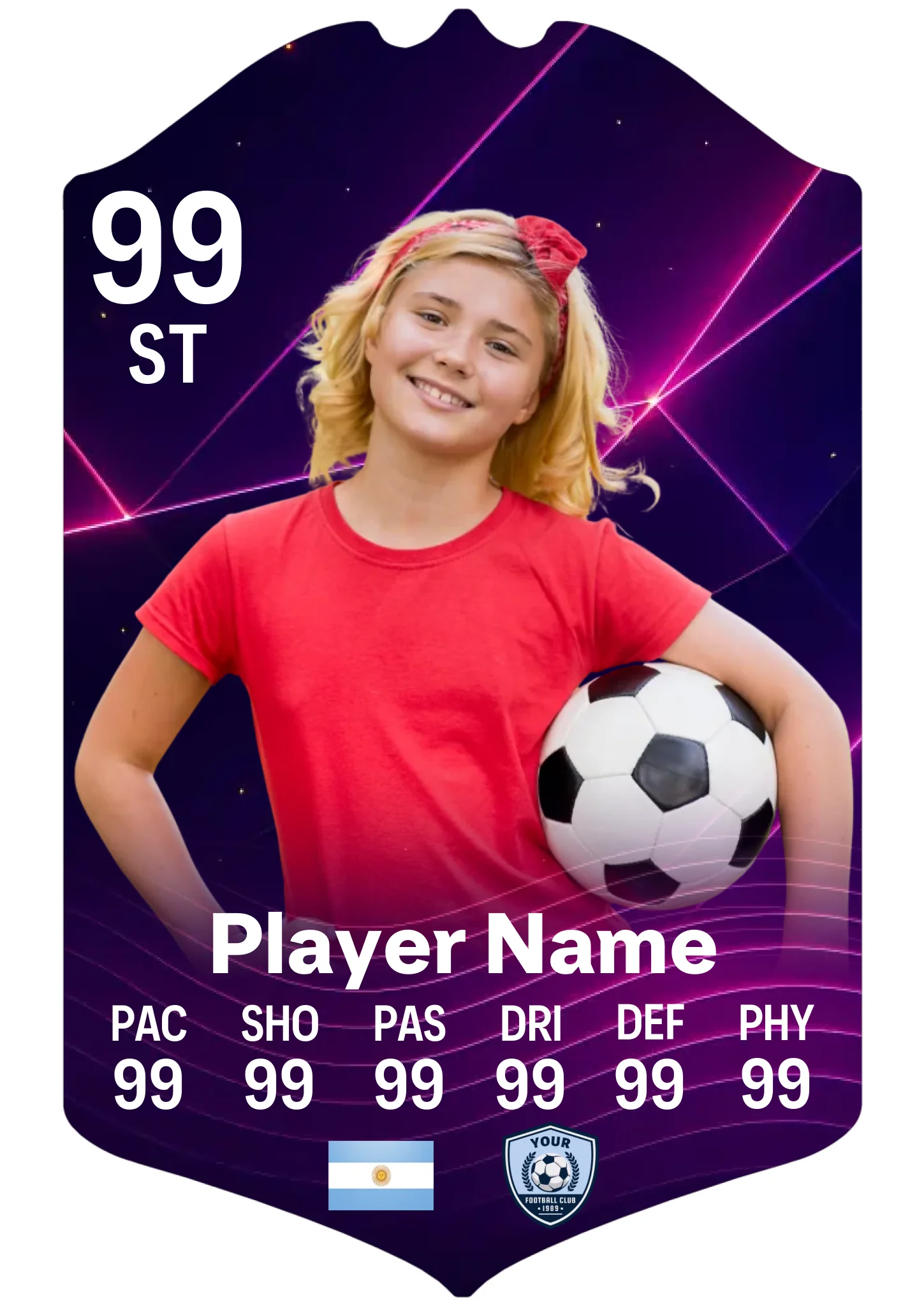 A4 personalised football card with purple geo design showing custom player stats and name