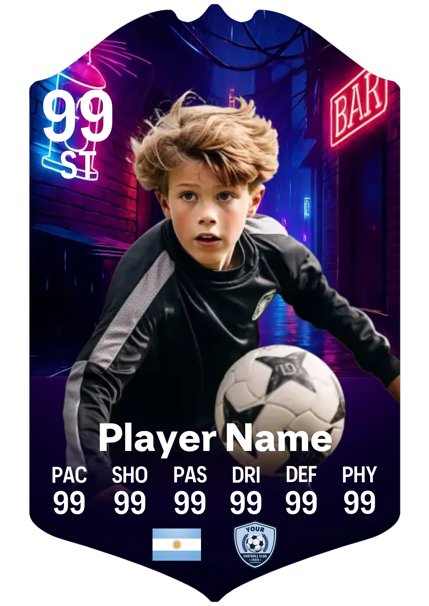 A3 personalised football card neon night scene showing custom player stats and name