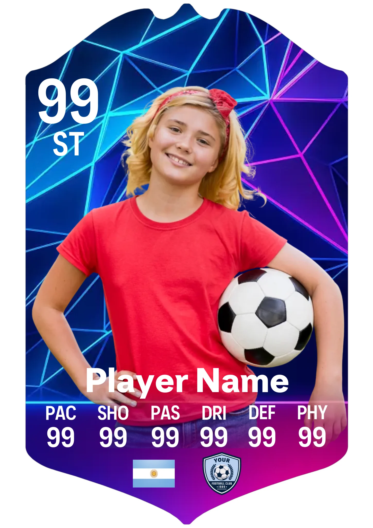 A3 personalised football card in neon geometric design showing player stats and name
