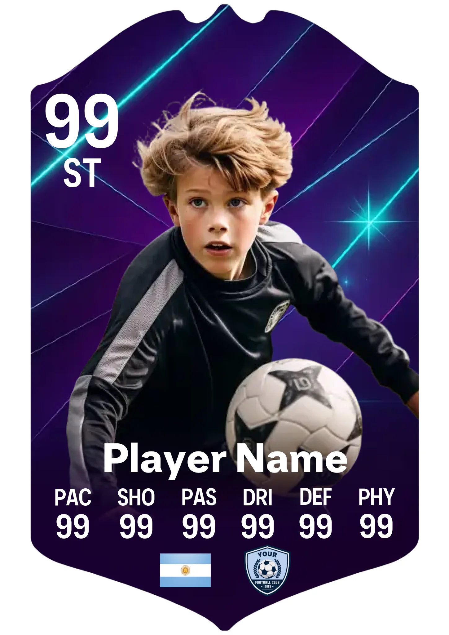 Large A3 personalised football card on aluminium with futuristic design and custom player details