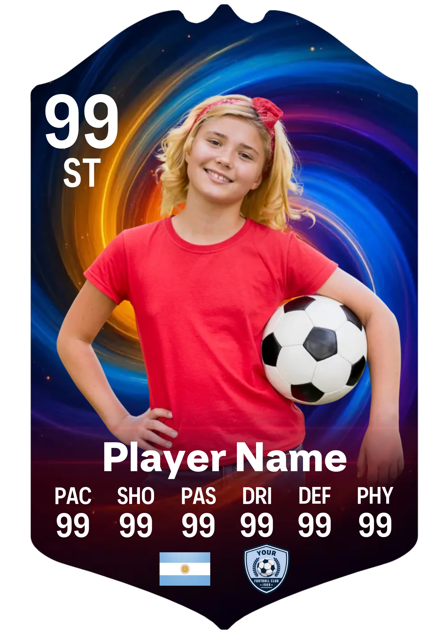 Large A3 personalised football card with galaxy design and custom player stats