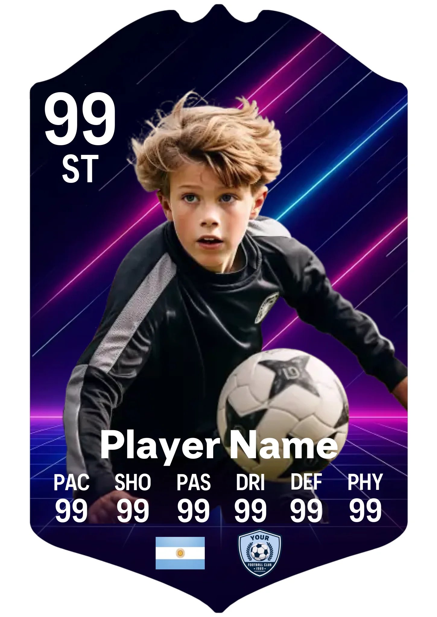 A4 size personalised football card neon grid design on aluminium with custom player stats