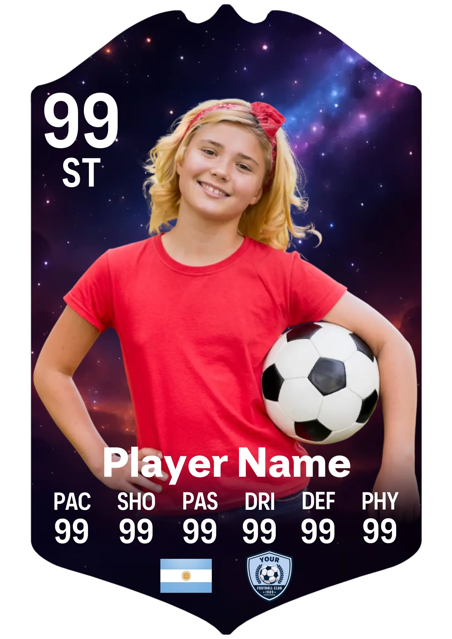 A3 personalised football card outer space design displayed on an aluminium stand