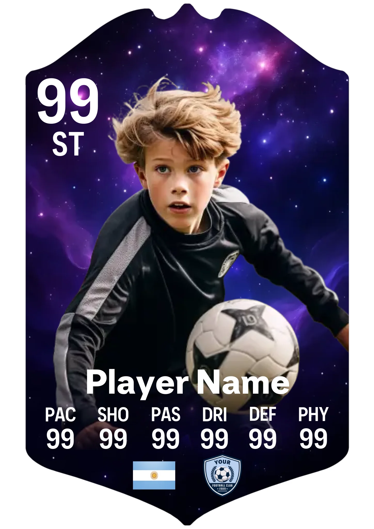 Large A3 personalised football card with custom name and stats on aluminium