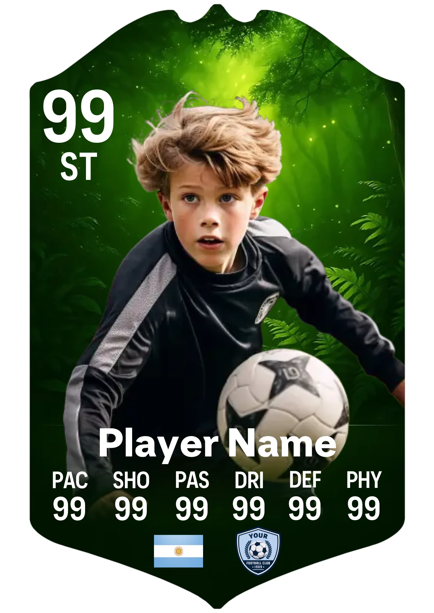 Large A3 personalised football card with spooky forest design displayed on a stand