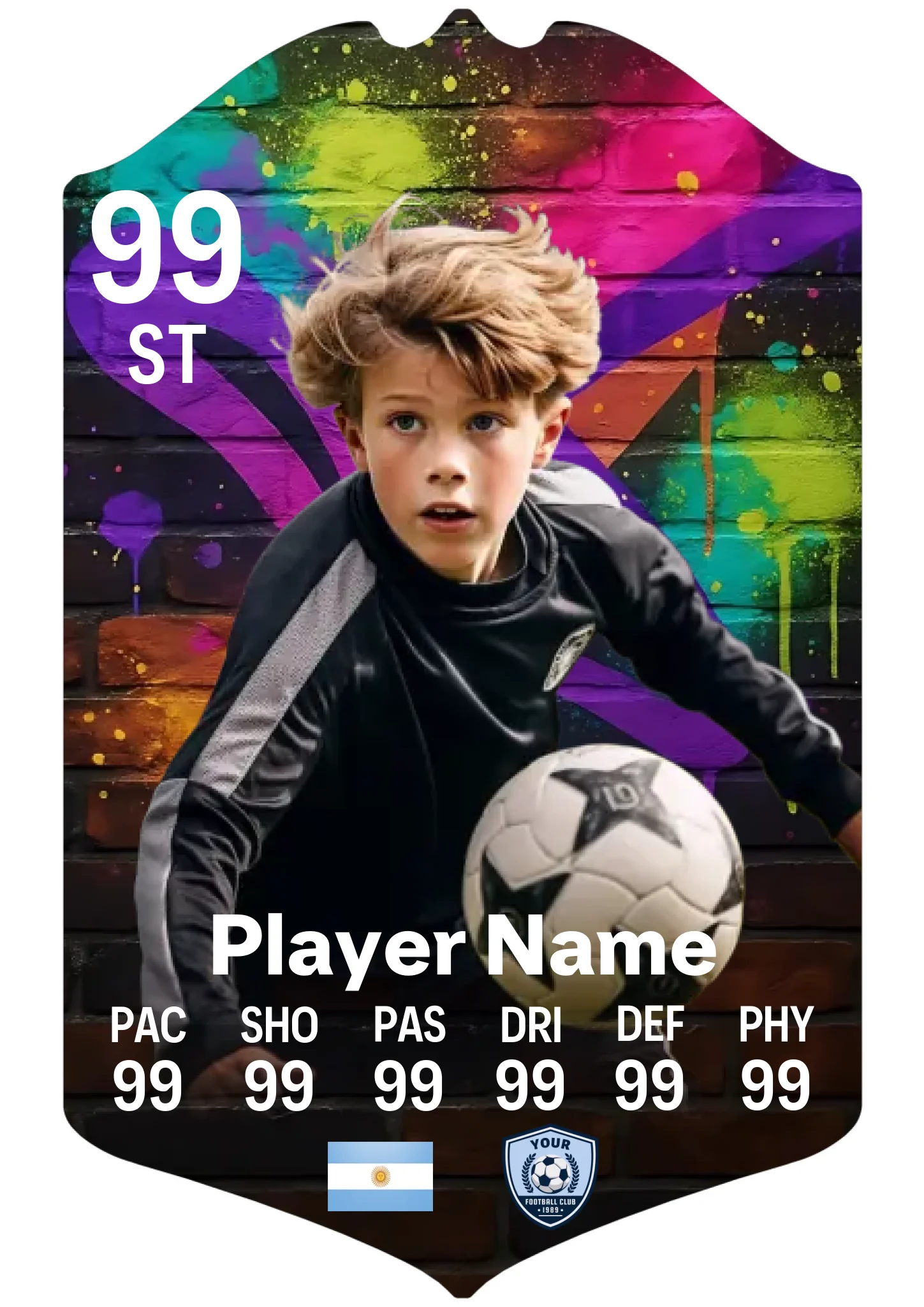 Large A3 personalised football card graffiti wall design displayed on a stand