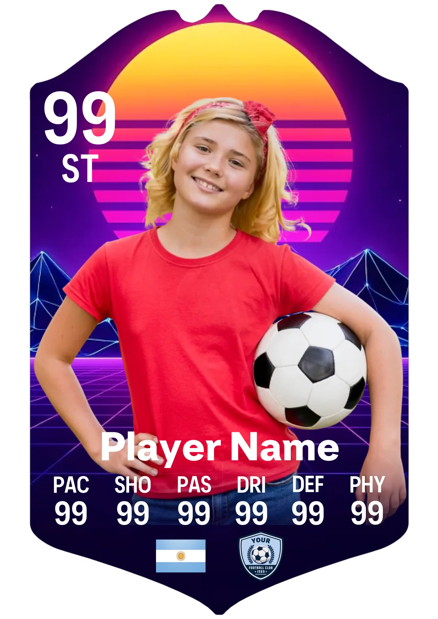 A3 personalised football card in retro synthwave design showing custom player stats on glossy aluminium