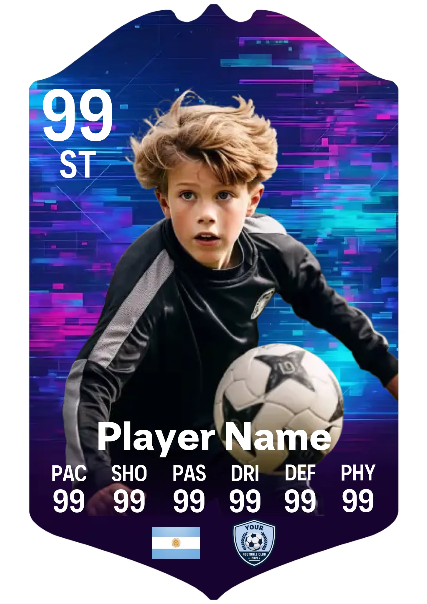 A3 personalised football card with glitch design on aluminium