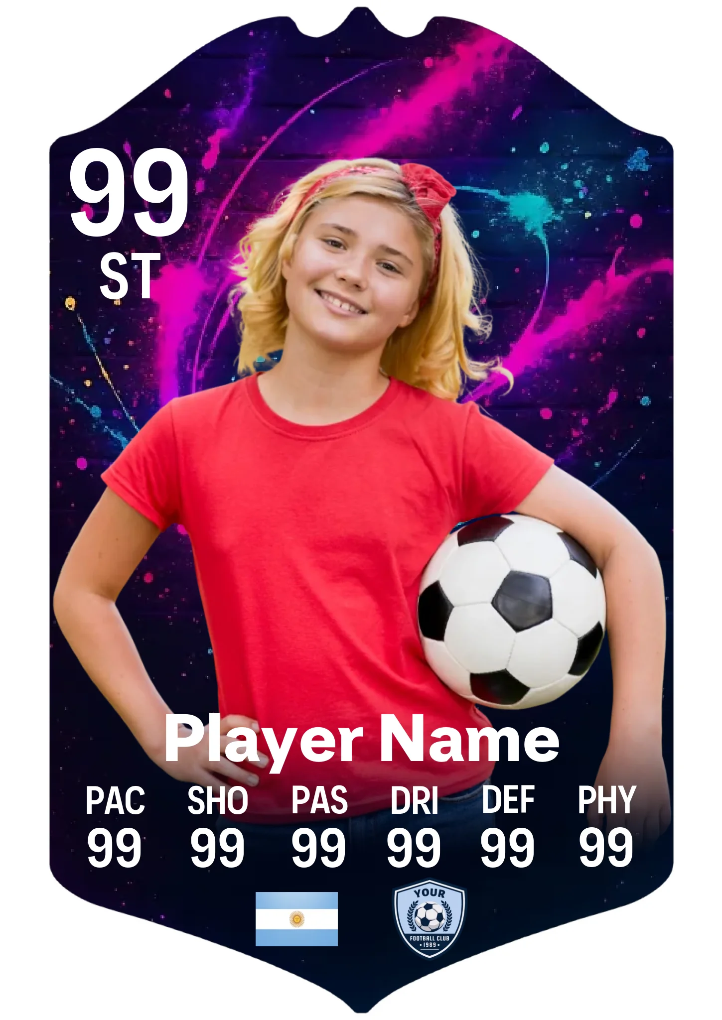 Large A3 personalised football card with spray paint design showing custom player stats