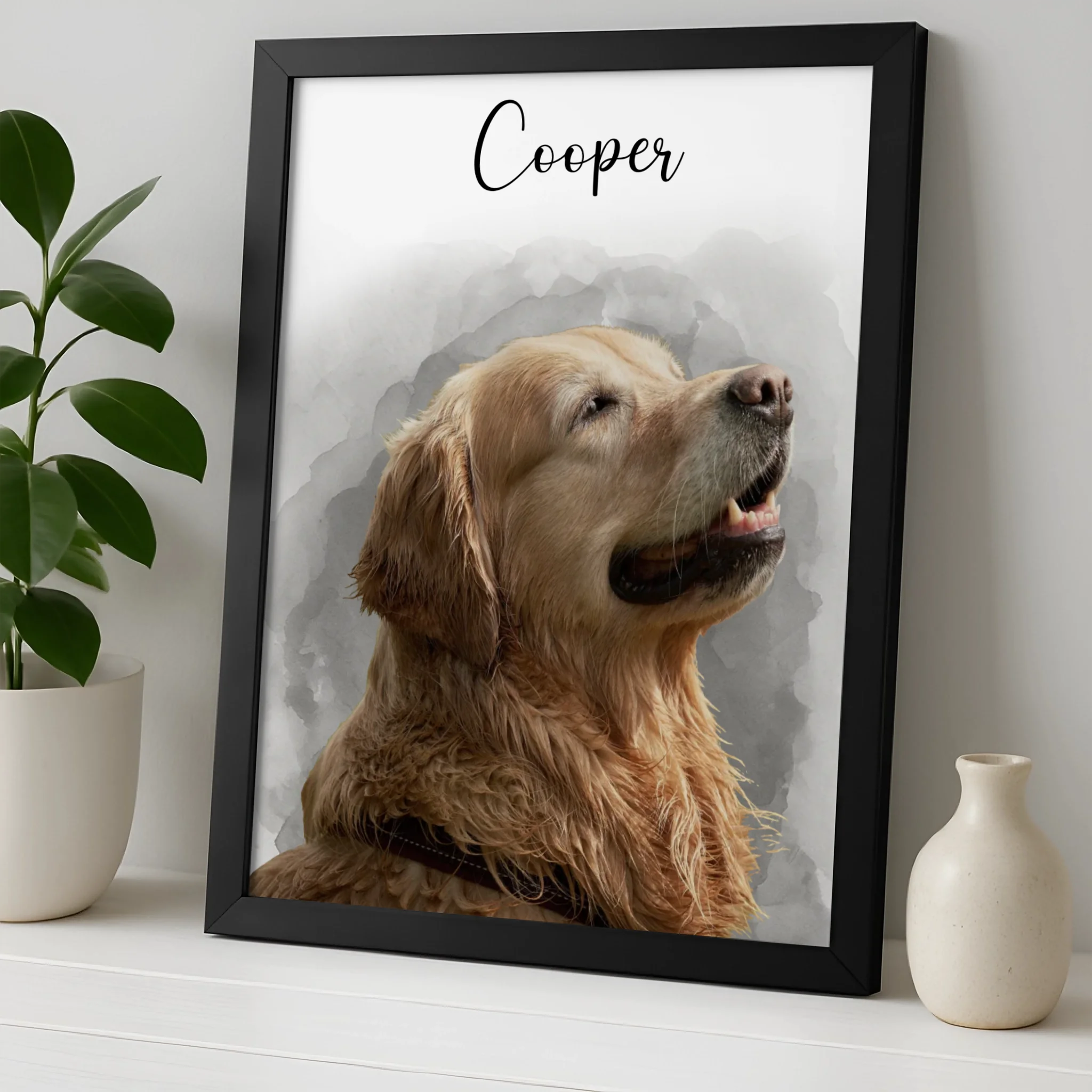 Custom pet portrait print in a personalised photo frame, A4 size