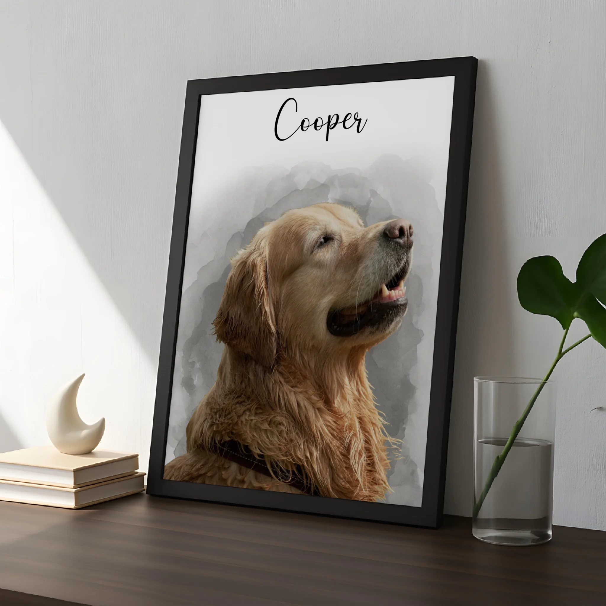 Custom dog photo frame with watercolour background, front view